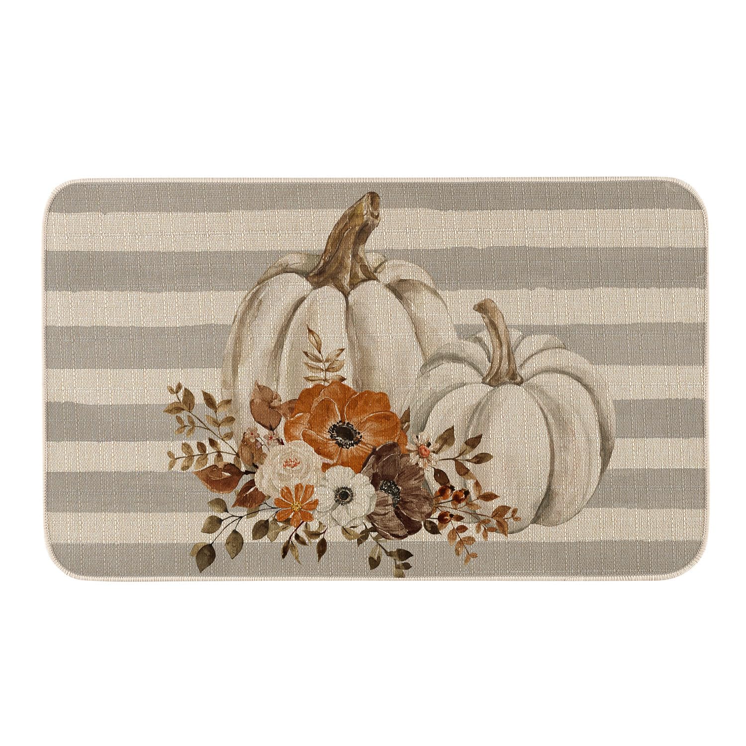 Moutina White Pumpkins With Flowers Grey Stripes Fall Door Mat 17 X 29 Inch,Seasonal Autumn Harvest Thanksgiving Decorative Door