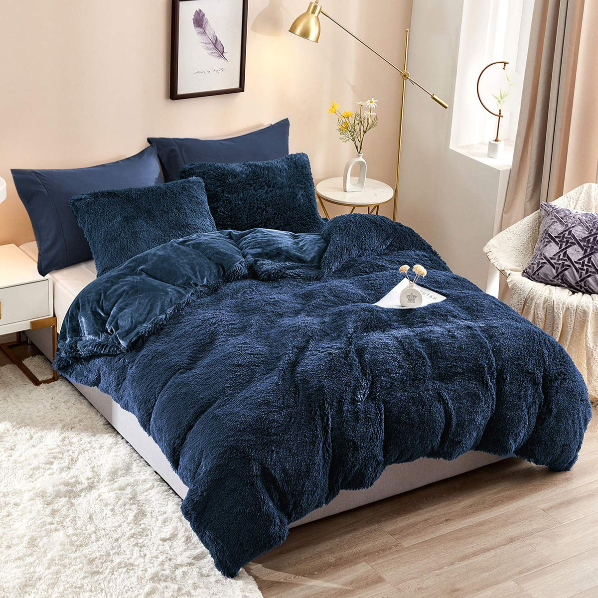 Haok Plush Shaggy Duvet Cover Set - 5 Pieces Faux Fur Fluffy Bed Sets (1 Shaggy Duvet Cover + 2 Shaggy Pillow Shams + 2 Pillowca