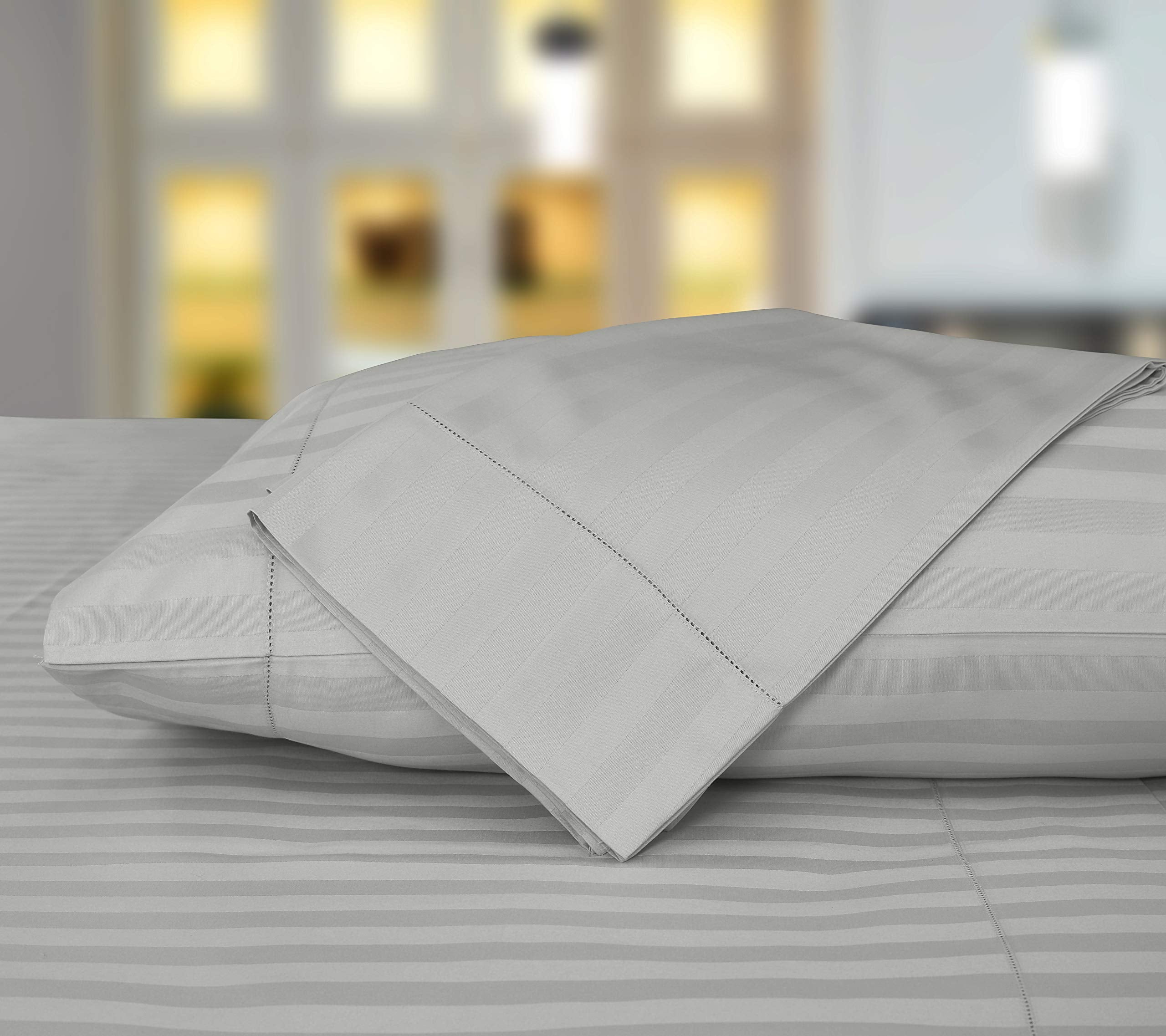 Threadmill 500 Thread Count Full-Size Damask Stripe, 4 Pc Luxury Cotton Sheet Set, Breathable Light Grey Sheets With 16'' Elasti