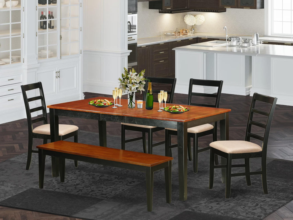 East West Furniture NIPF6-BCH-C 6 Piece Dining Table Set Contains a Rectangle Dinner Table with Butterfly Leaf and 4 Linen Fabric Dining Room Chairs with a Bench, 36x66 Inch, Black & Cherry