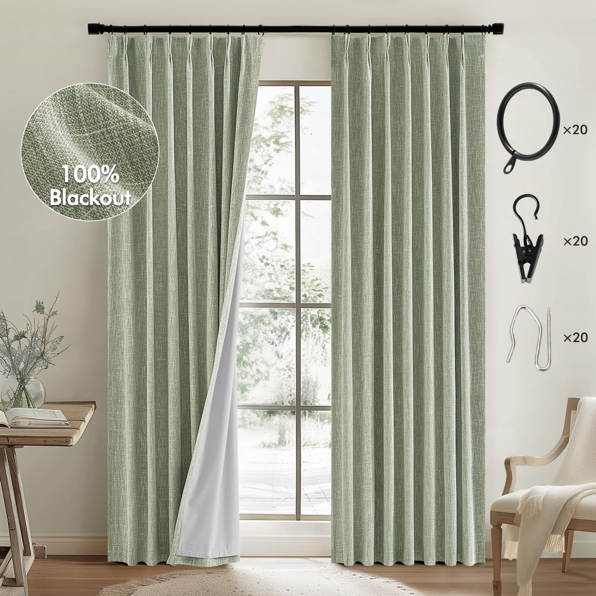 Miulee Sage Green Pinch Pleated 100% Blackout Linen Curtains 90 Inch Length 2 Panels Set, Pleat Curtains With Pin Hooks, Black O