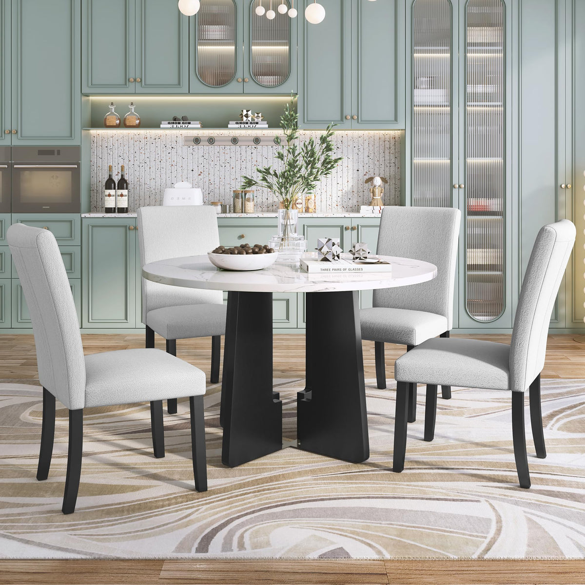 Think 30 5-Piece Round Dining Table Set, 43-Inch Modern Table And 4 Upholstered Chairs For Dining Room, Kitchen, Living Room, Ea