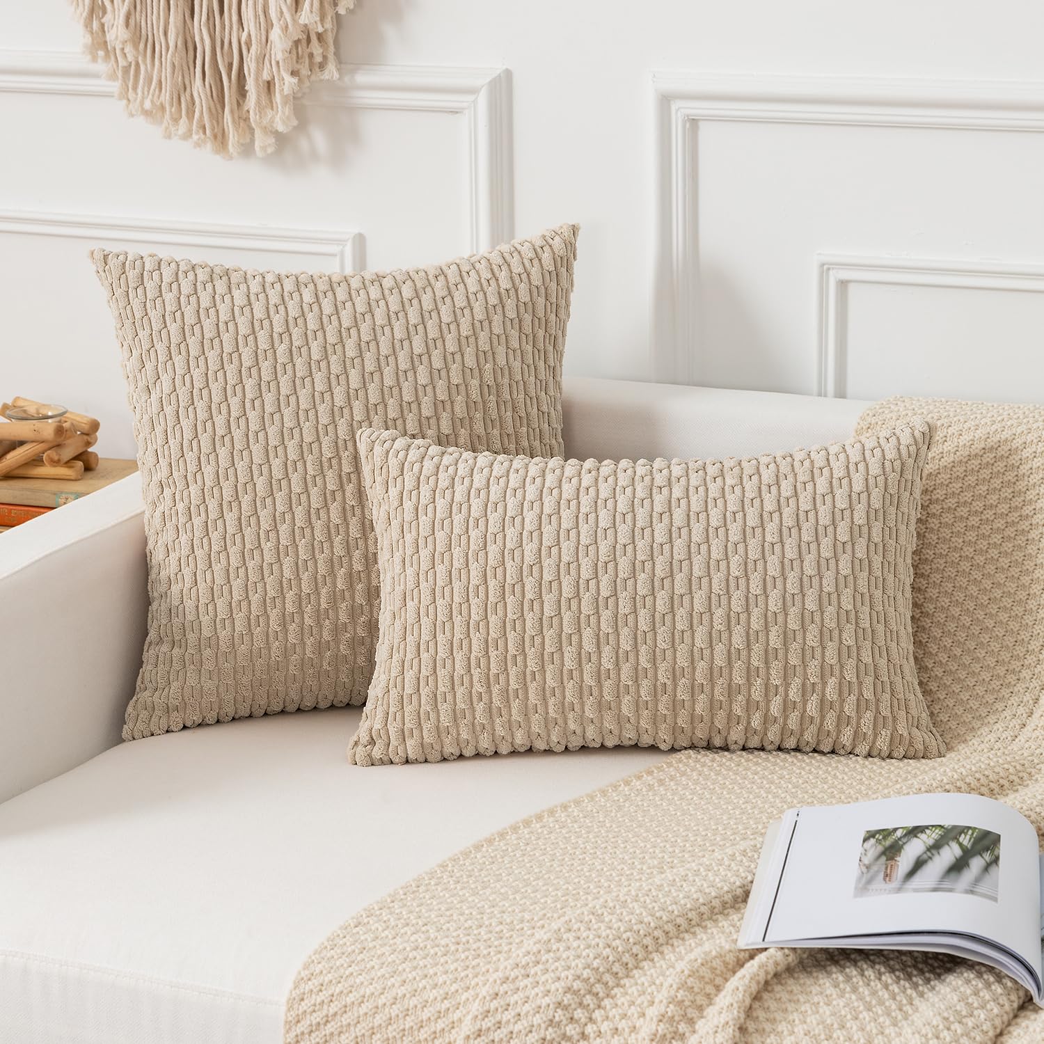 Kevin Textile Throw Pillow Covers Soft Corduroy Decorative Set Of 2 Boho Striped Pillow Covers Pillowcases Farmhouse Home Decor For Couch Bed Sofa Living Room 16X16 Inch Beige