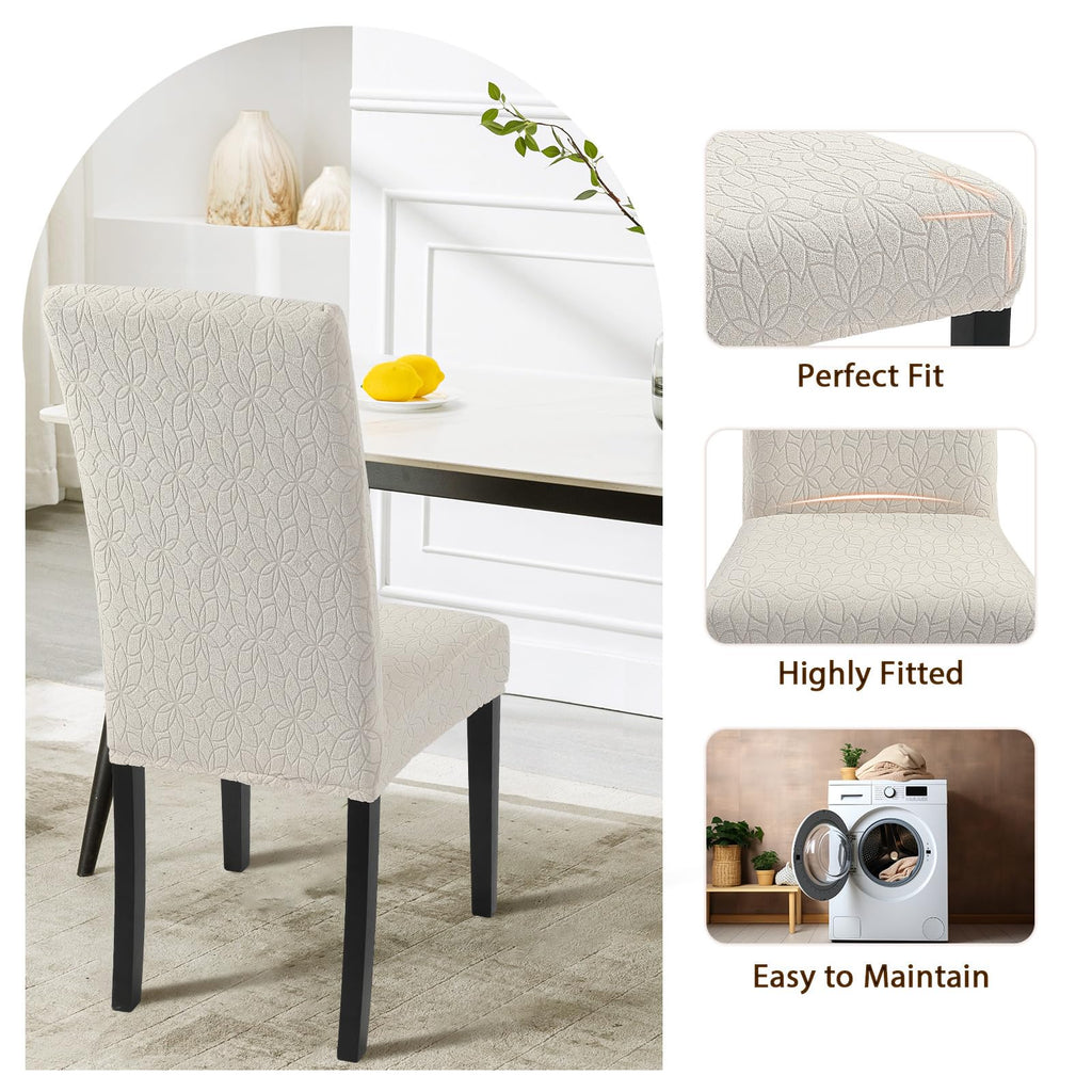 Searchi Jacquard Dining Room Chair Covers Set Of 4, Stretch Kitchen Chair Covers Washable Parsons Chair Slipcover Removable Dining Chair Protectors For Hotel,Ceremony(Beige Floral Texture)