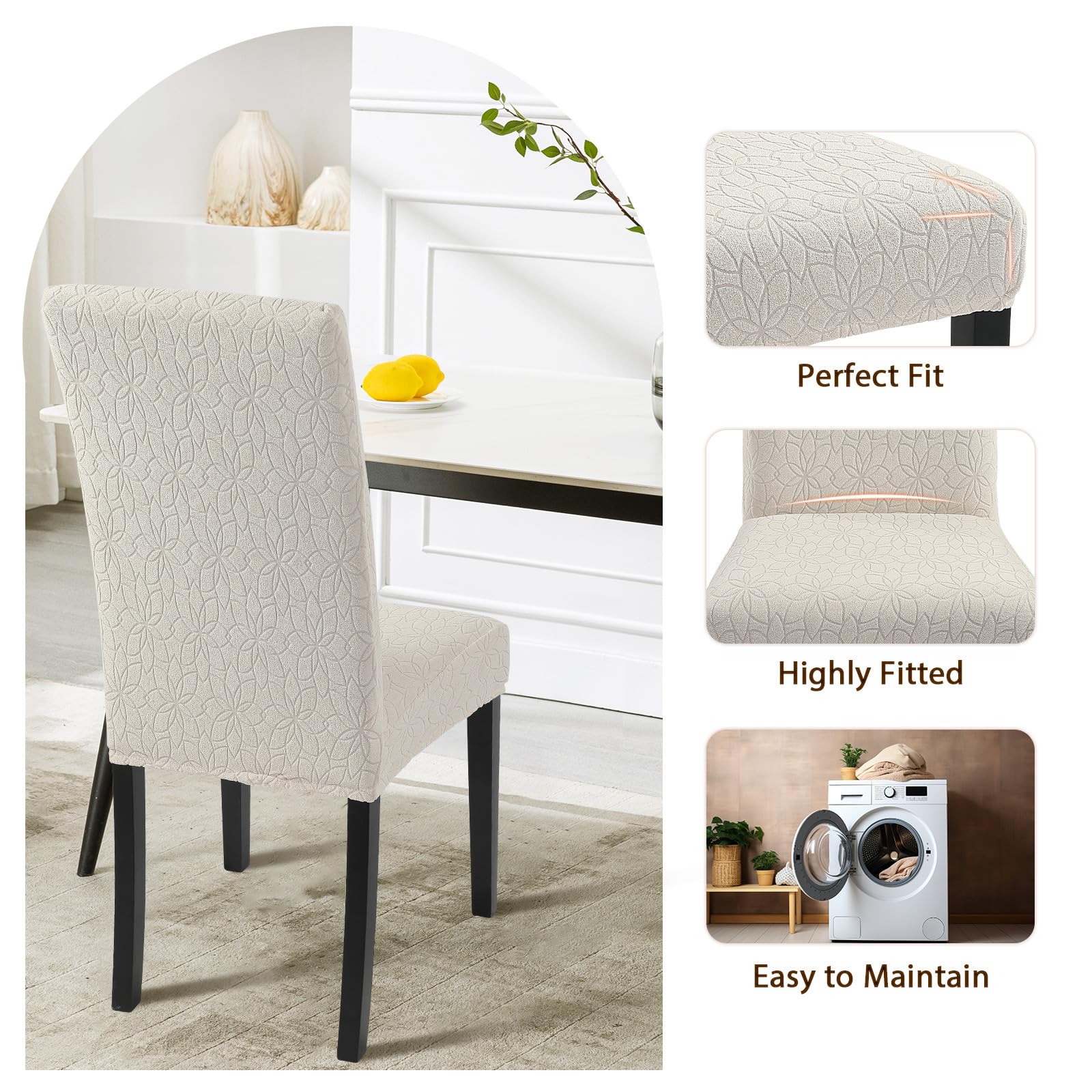 Searchi Jacquard Dining Room Chair Covers Set Of 4, Stretch Kitchen Chair Covers Washable Parsons Chair Slipcover Removable Dining Chair Protectors For Hotel,Ceremony(Beige Floral Texture)