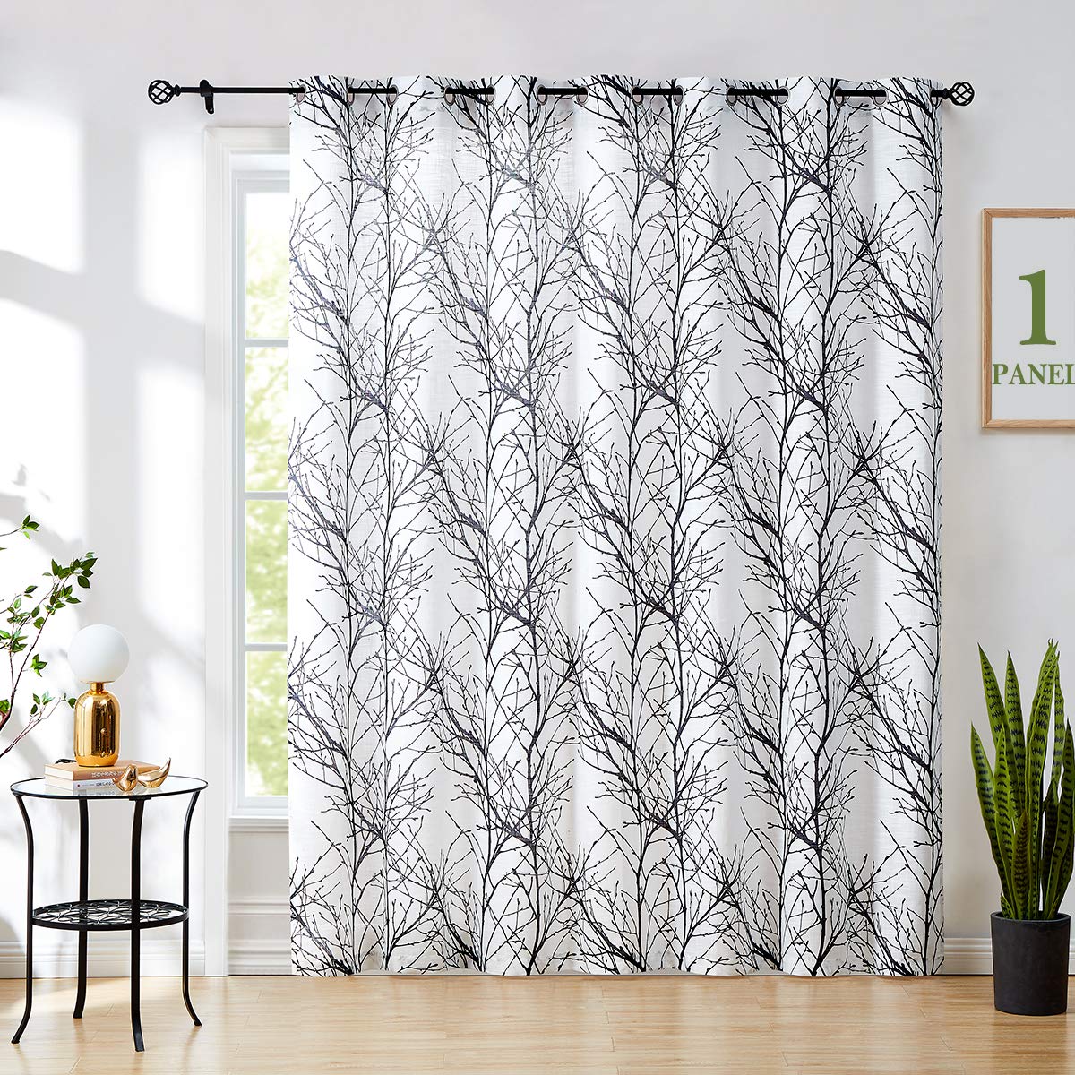 Fmfunctex Black-White Sheer Sliding Door Curtain For Living Room 1 Panel Modern Tree Branch Print Linen Textured Window Curtain