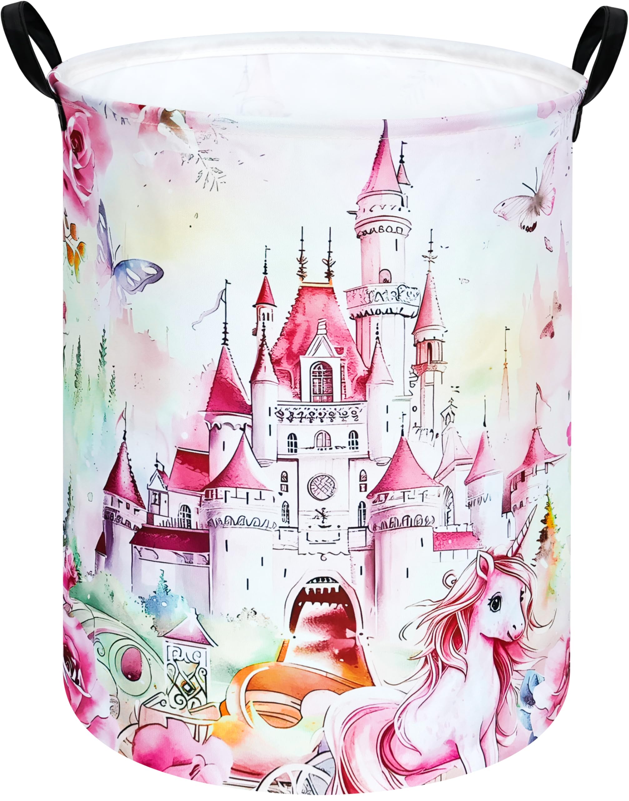 HUAYEE 19.7 Inch Pink Castle Pattern Girls Baby Laundry Basket Laundry Hamper Storage Basket Fabric Material Organization Basket