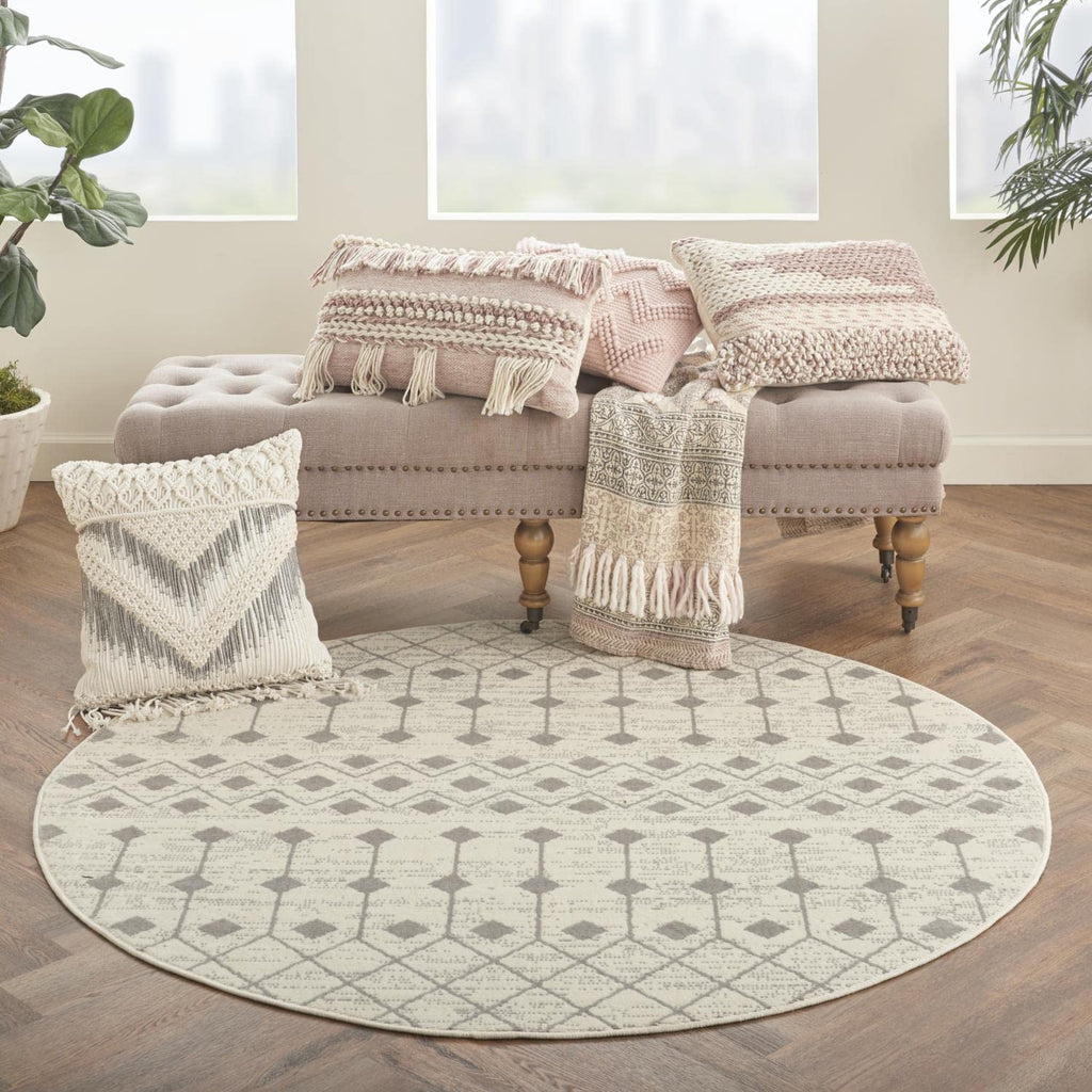 Nourison Grafix Moroccan Ivory/Grey 8' X Round Area Rug, Easy Cleaning, Non Shedding, Bed Room, Living Room, Dining Room, Kitche