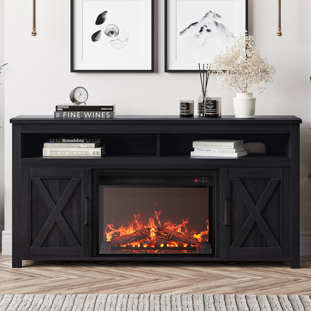 Belleze 58' Farmhouse Fireplace Tv Stand For Tvs Up To 65', 23' Electric Fireplace Heater With Sound, Entertainment Center Media Console Table Barn Door Storage Cabinets For Living Room - Rustic Grey