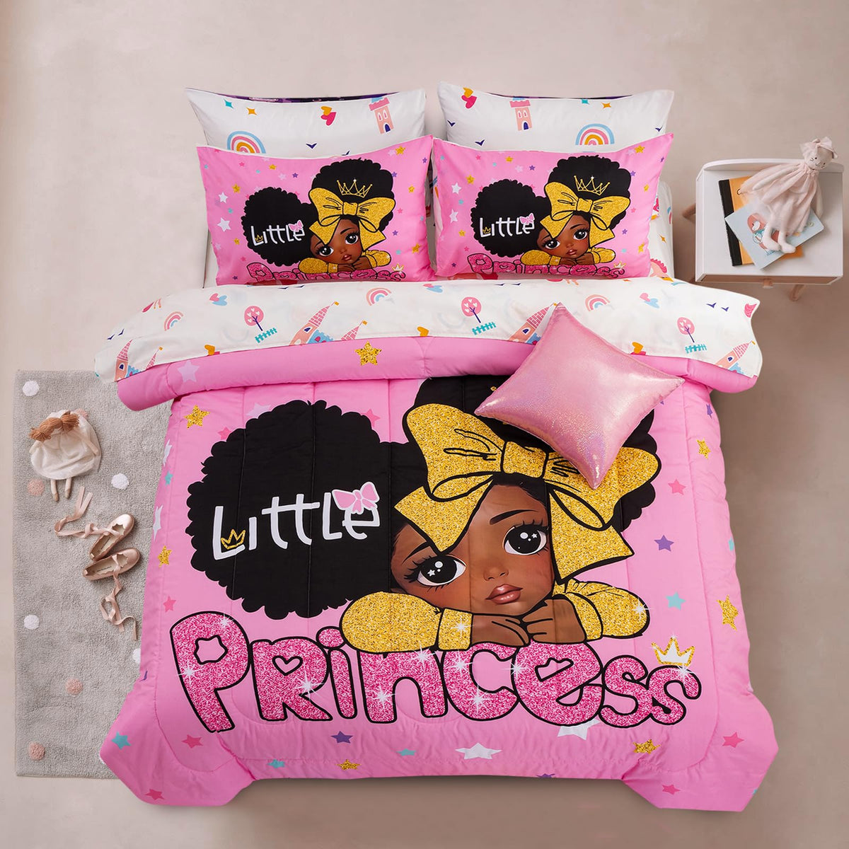 A Nice Night Black Girl Little Princess Comforter Set, Pink 6Pcs Bed In A Bag Twin Size Sparkling Stars Bedding Set,For Kids, Gi