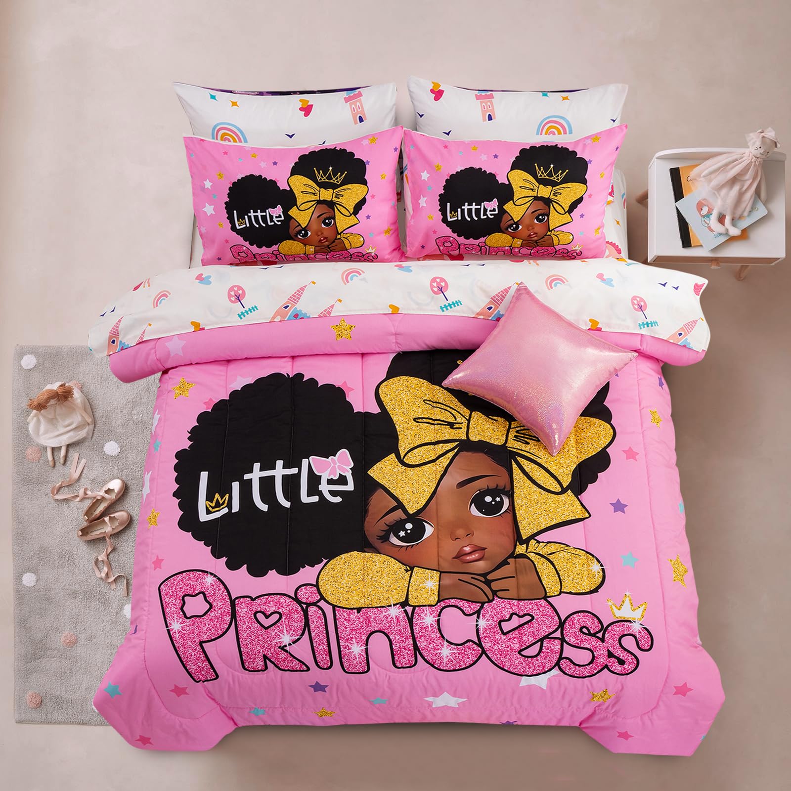 A Nice Night Black Girl Little Princess Comforter Set, Pink 6Pcs Bed In A Bag Twin Size Sparkling Stars Bedding Set,For Kids, Gi