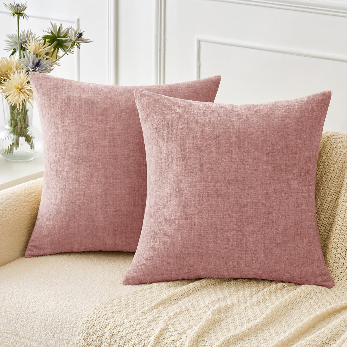 Miulee Pack Of 2 Couch Throw Pillow Covers 20X20 Inch Soft Blush Pink Chenille Pillow Covers For Sofa Living Room Solid Dyed Pil