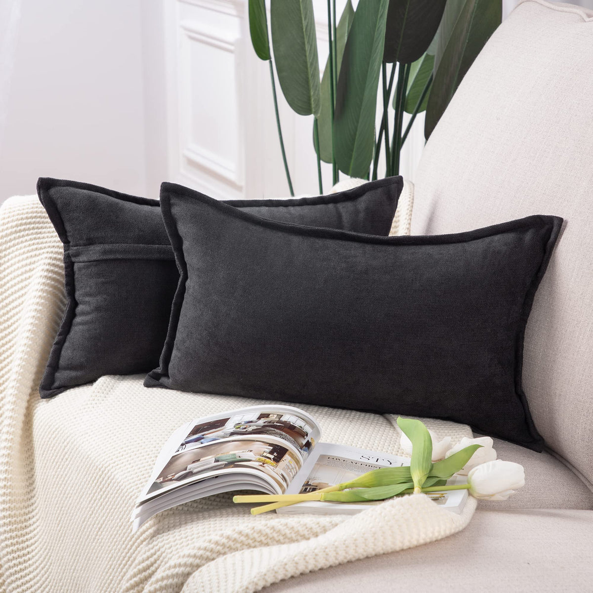 Madizz Set Of 2 Short Chenille Throw Pillow Covers 12X20 Inch Black Soft Decorative Cushion Cover For Sofa Bedroom Pillow Shell
