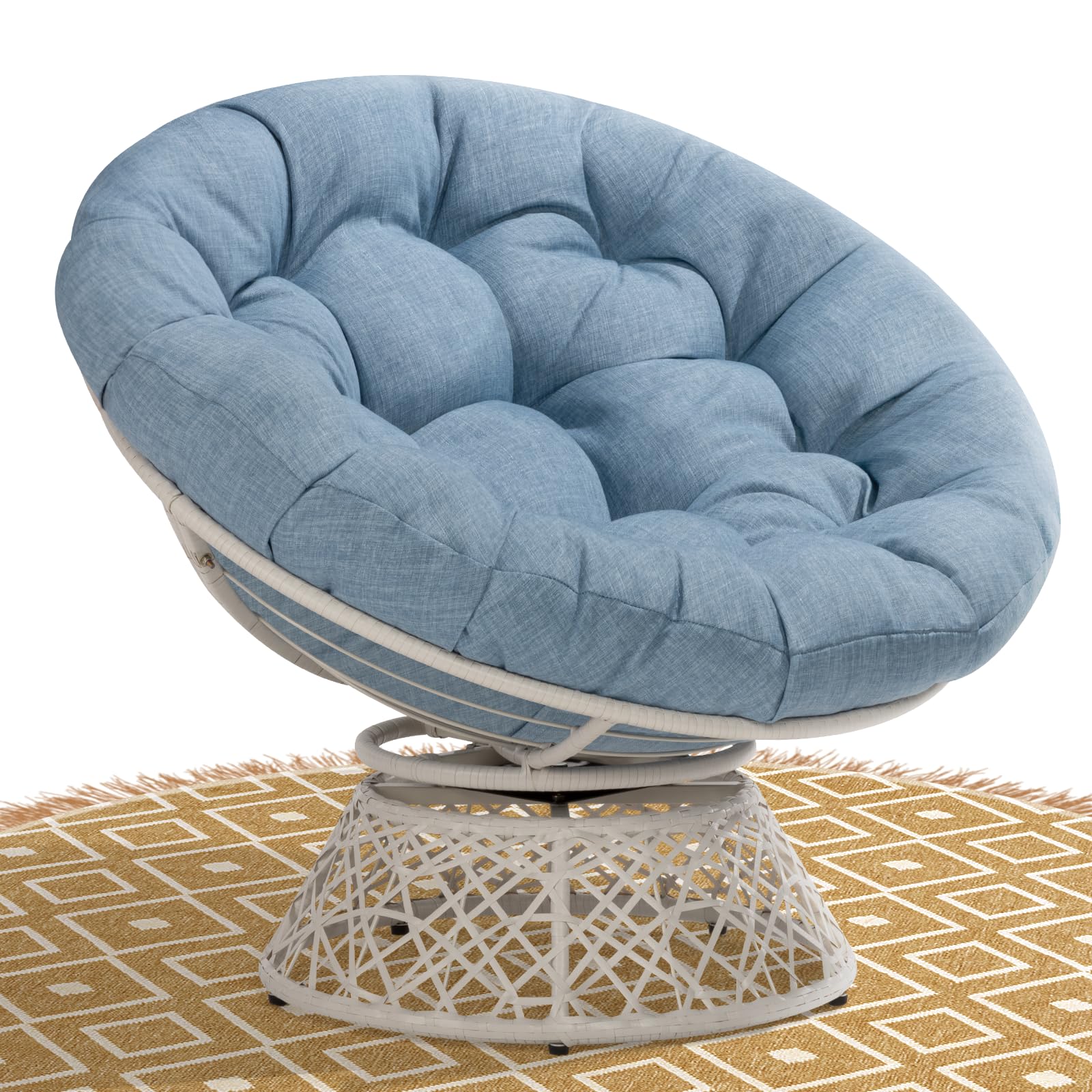 Bme 40' Ergonomic Wicker Papasan Chair With Soft Thick Density Fabric Cushion, High Capacity Steel Frame, 360 Degree Swivel For Living, Bedroom, Reading Room, Lounge, Serene Oasis - White Base