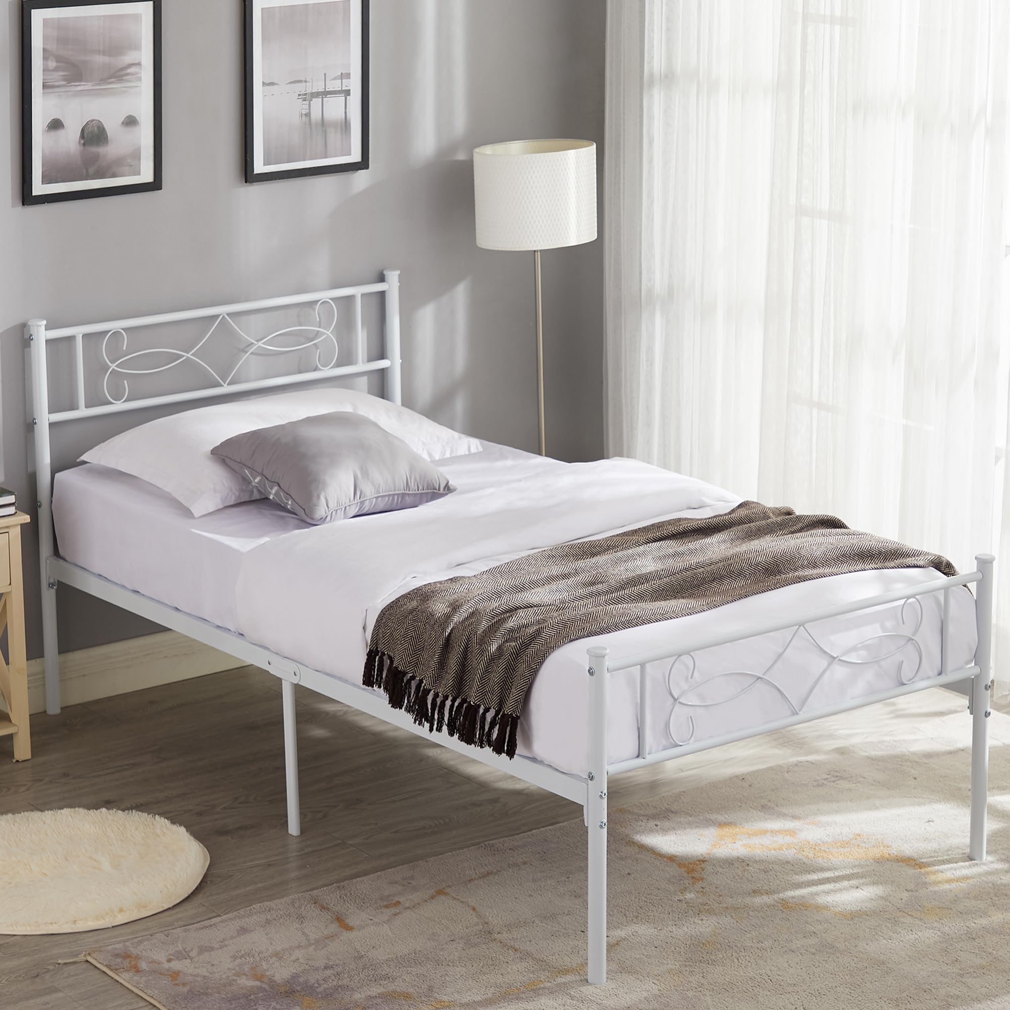 Vecelo 14' Twin Size White Metal Platform Bed Frame With Headboard,Premium Steel Slat Support/No Box Spring Needed/Noise-Free/Easy Assembly