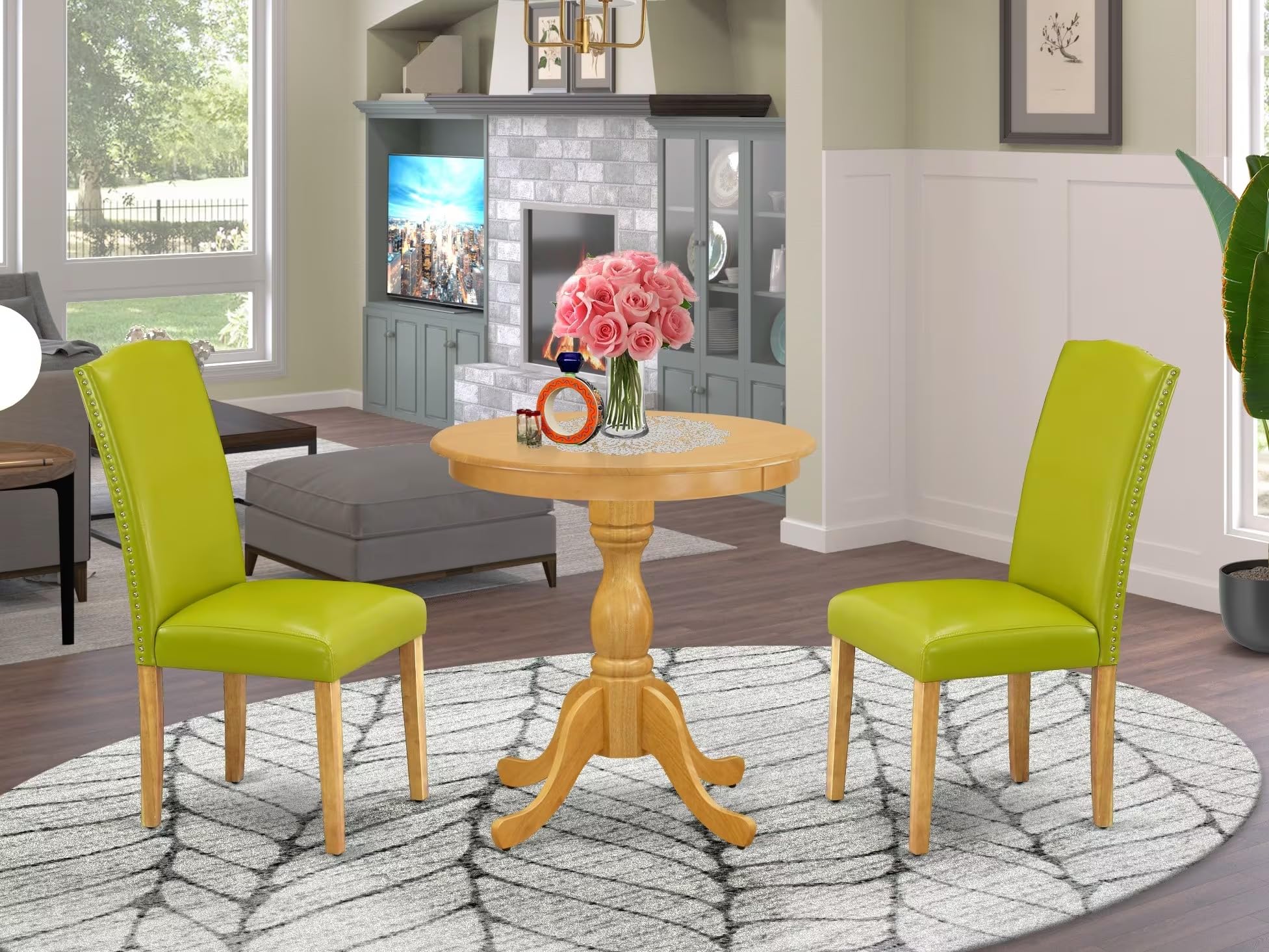 East West Furniture Esen3-Oak-51 3 Piece Modern Dining Table Set Contains A Round Wooden Table With Pedestal And 2 Autumn Green Faux Leather Upholstered Chairs, 30X30 Inch, Oak