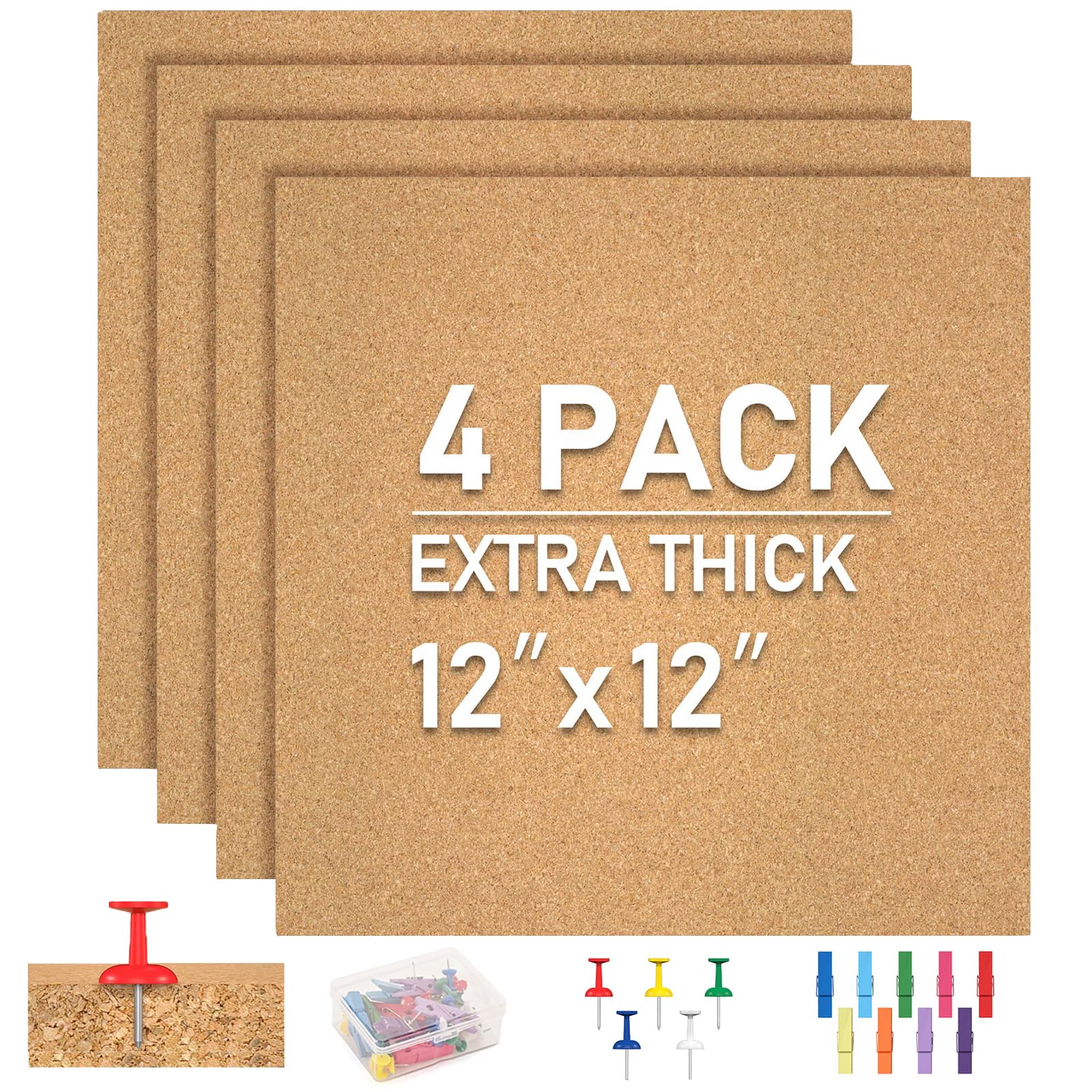 Cork Board Tiles - 4 Packs Adhesive Corkboards For Wall, Small Cork Board Squares Decorative For Office, School & Home
