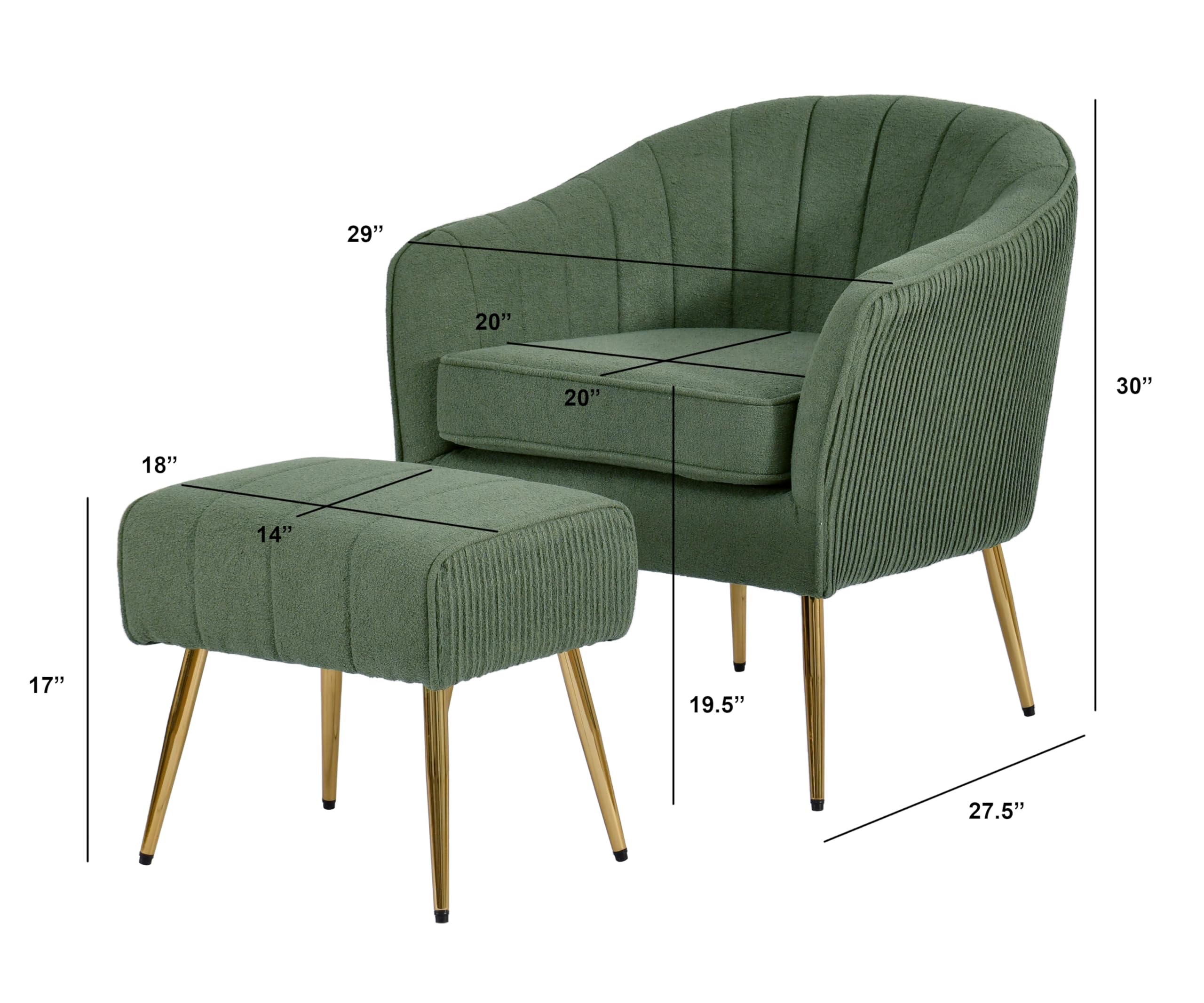Best Quality Furniture Modern Accent Chair with Ottoman Set, Green Teddy Fabric Upholstery, Gold Chrome Legs, Channel Tufted Backrest