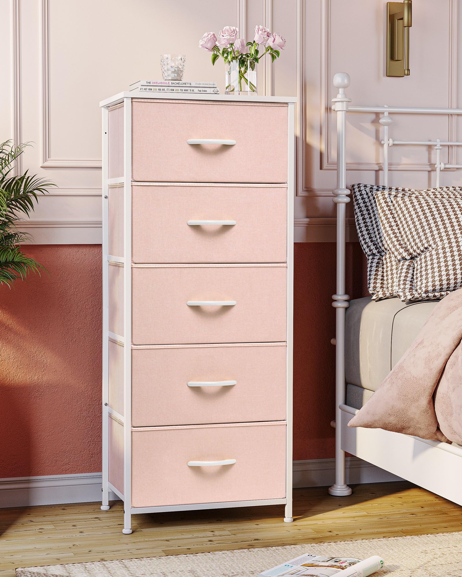 Crestlive Products Tall Dresser For Girls Bedroom, Chest Of 5 Drawers, Fabric Storage Tower, Clothing Organizer For Bedroom, Hallway, Entryway, Closets, Nursery(Pink)