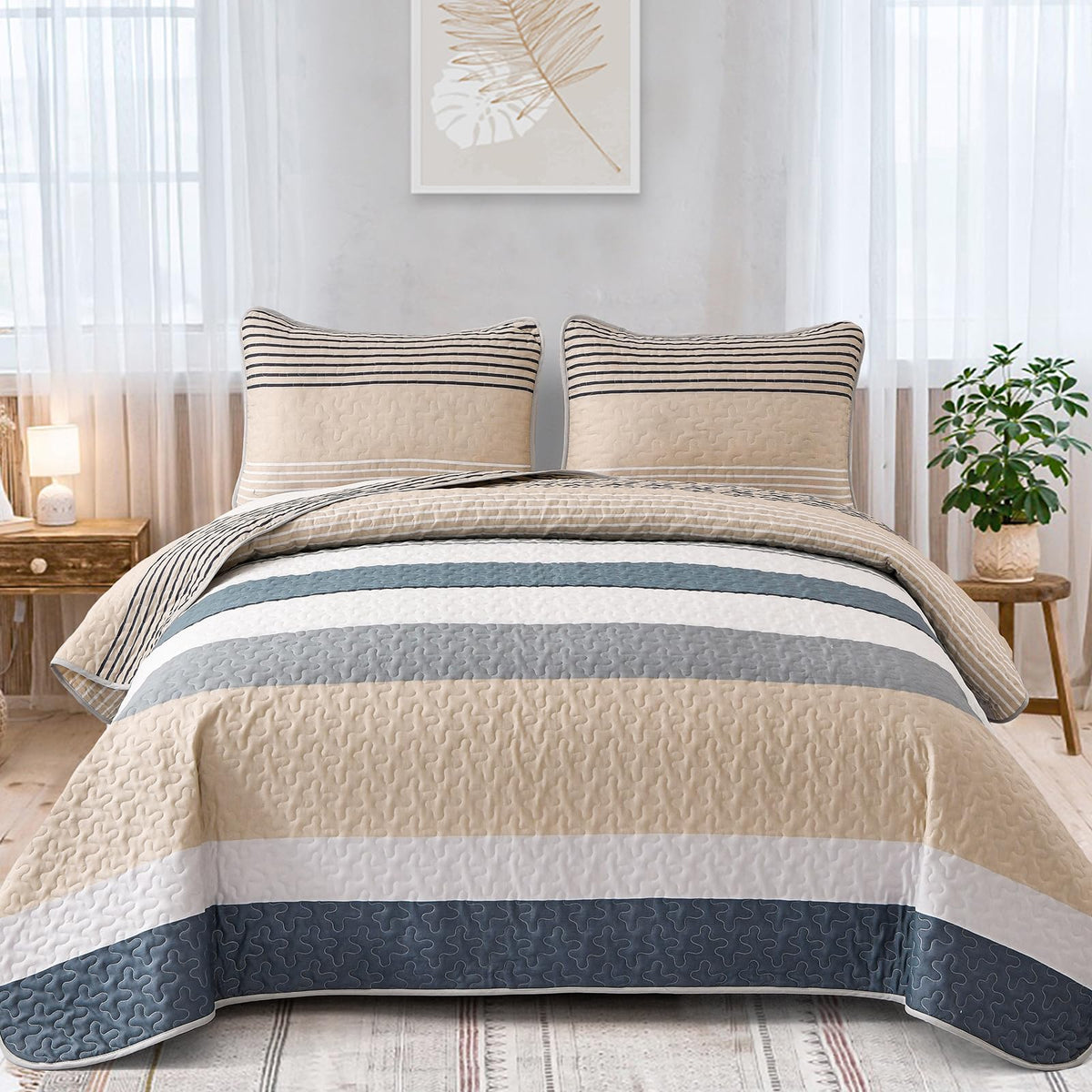 Dinjoy Boho Quilt King, Striped Khaki Bedspreads Lightweight Quilts Bedding Set 3 Pieces Reversible Bed Cover Micofiber Farmhous