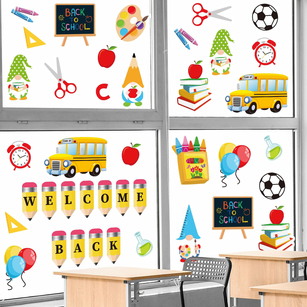 Jarthenaamcs 40Pcs Welcome Back To School Thick Gel Clings Gnome Apple Pencil Book Bus Window Stickers Assorted Cartoon Window D