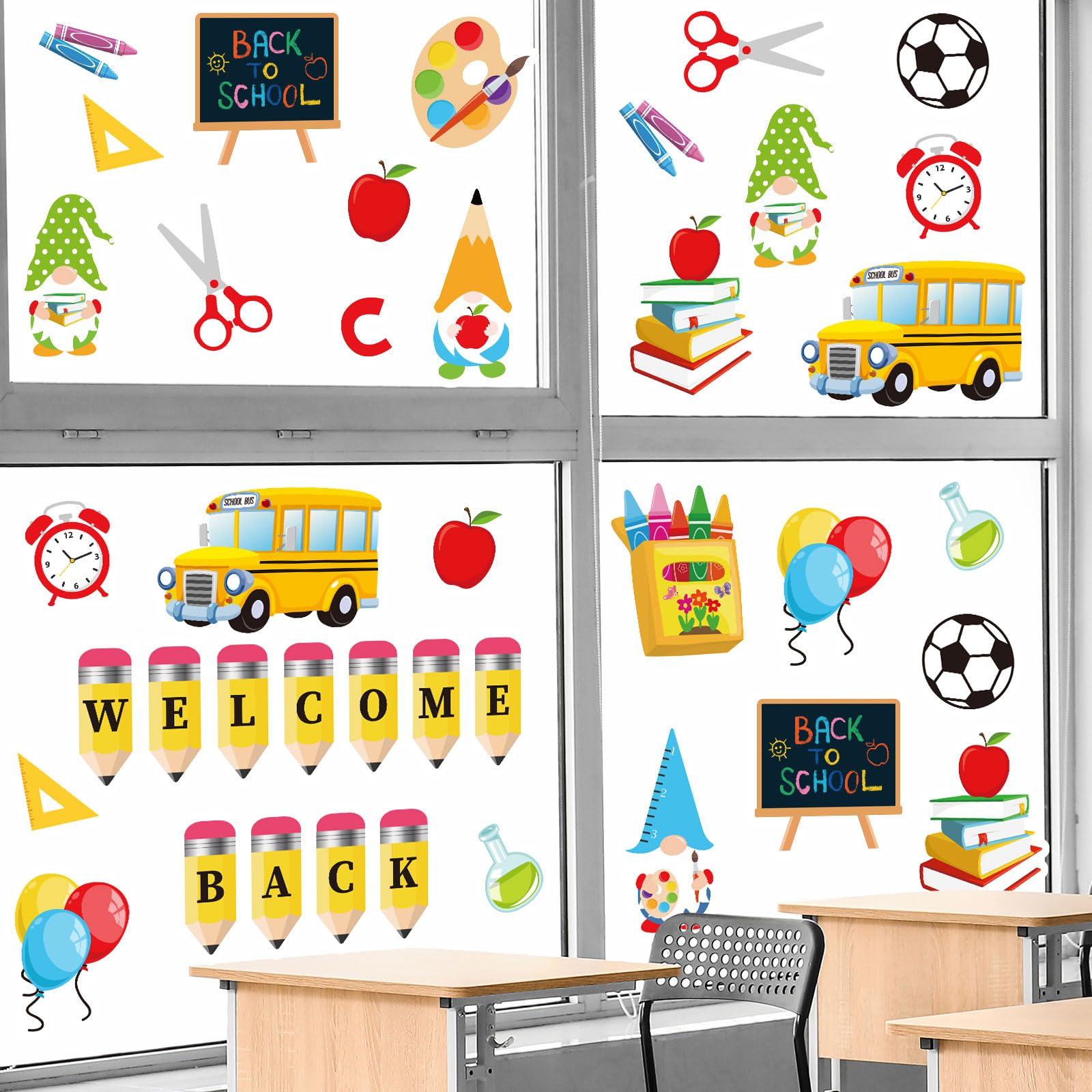 Jarthenaamcs 40Pcs Welcome Back To School Thick Gel Clings Gnome Apple Pencil Book Bus Window Stickers Assorted Cartoon Window D
