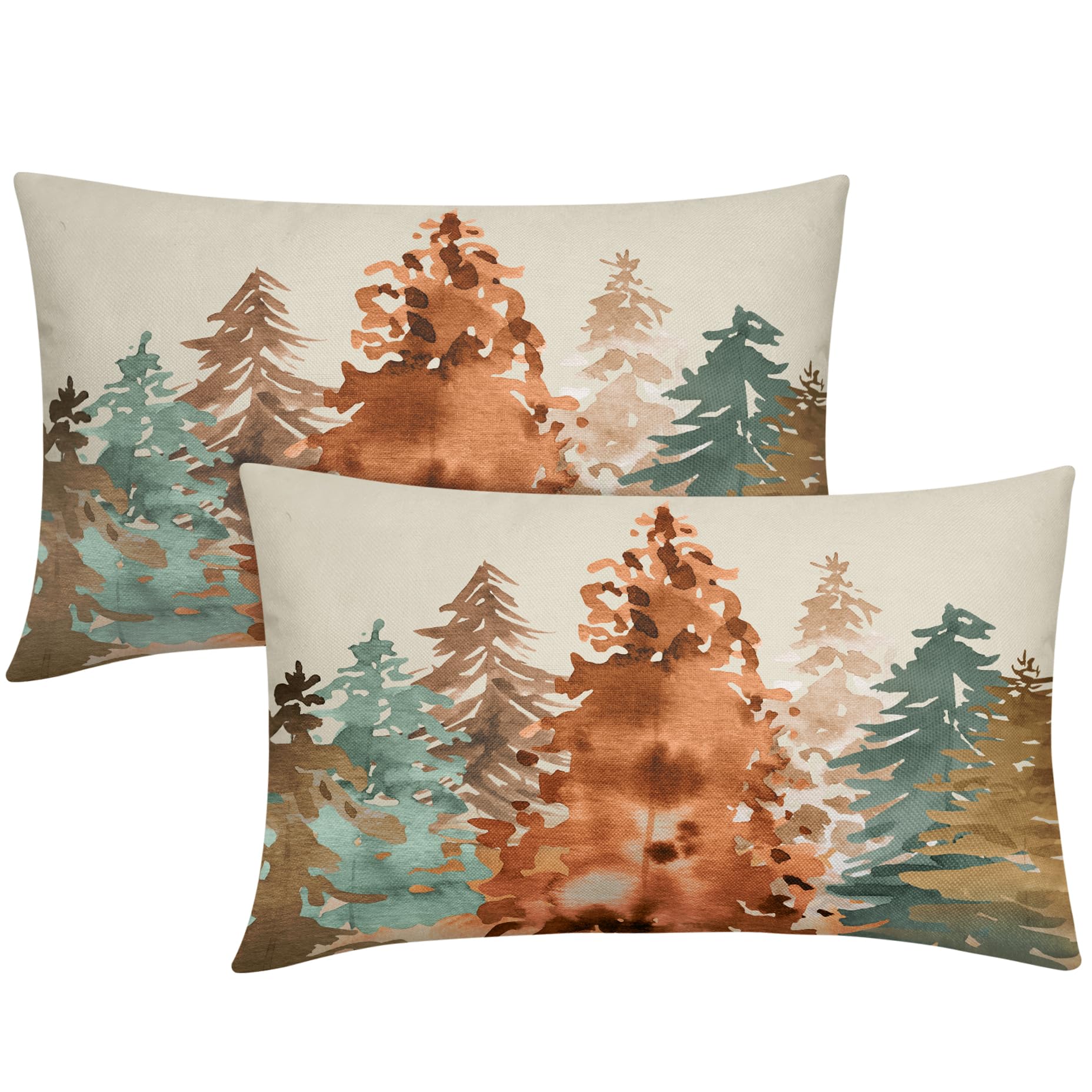 Rustic Fall Lumbar Pillow Covers 12X20 Set Of 2 Watercolor Tree Autumn Color Nature Themed Brown Blue Orange Forest Print Decora