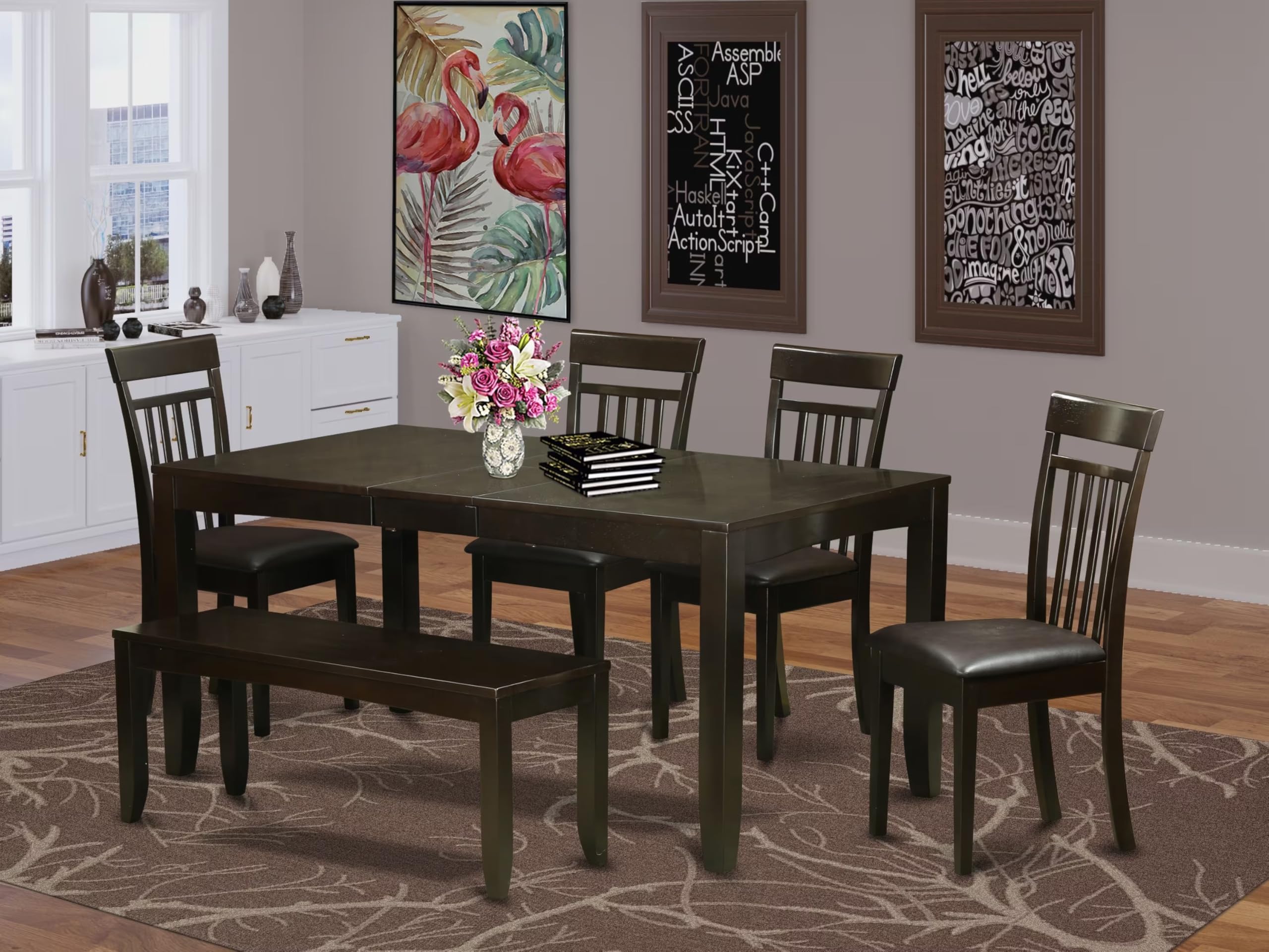 East West Furniture LYCA6-CAP-LC Lynfield 6 Piece Set Contains a Rectangle Dining Room Table with Butterfly Leaf and 4 Faux Leather Kitchen Chairs with a Bench, 36x66 Inch, Cappuccino