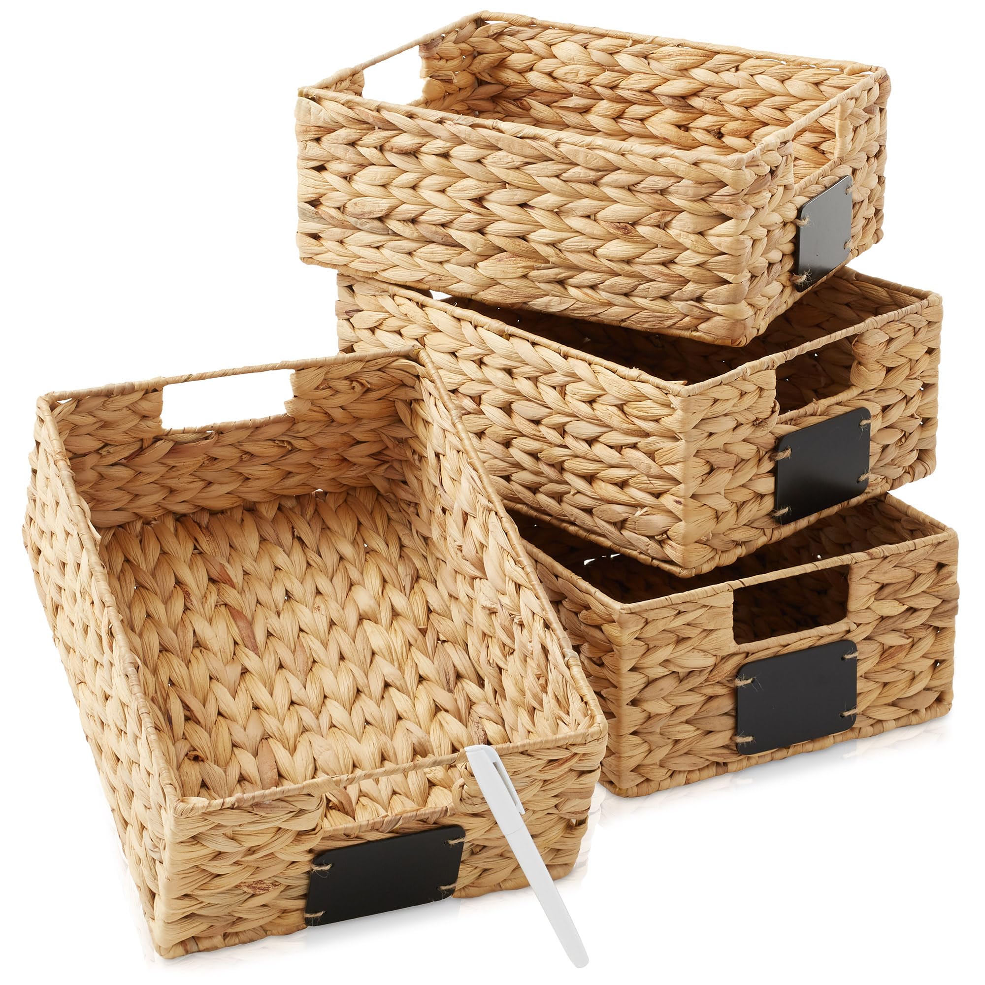 Casafield Set of 4 Water Hyacinth Pantry Baskets, 10 x 13 x 5, with Chalkboard Labels and Chalk Marker - Natural, Woven Storage 