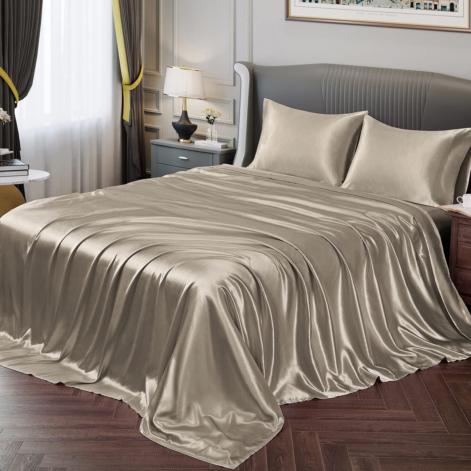 Vonty Satin Sheets Full Silky Soft Satin Bed Sheets Sand Satin Sheet Set, 1 Deep Pocket Fitted Sheet + 1 Flat Sheet + 2 Pillowca