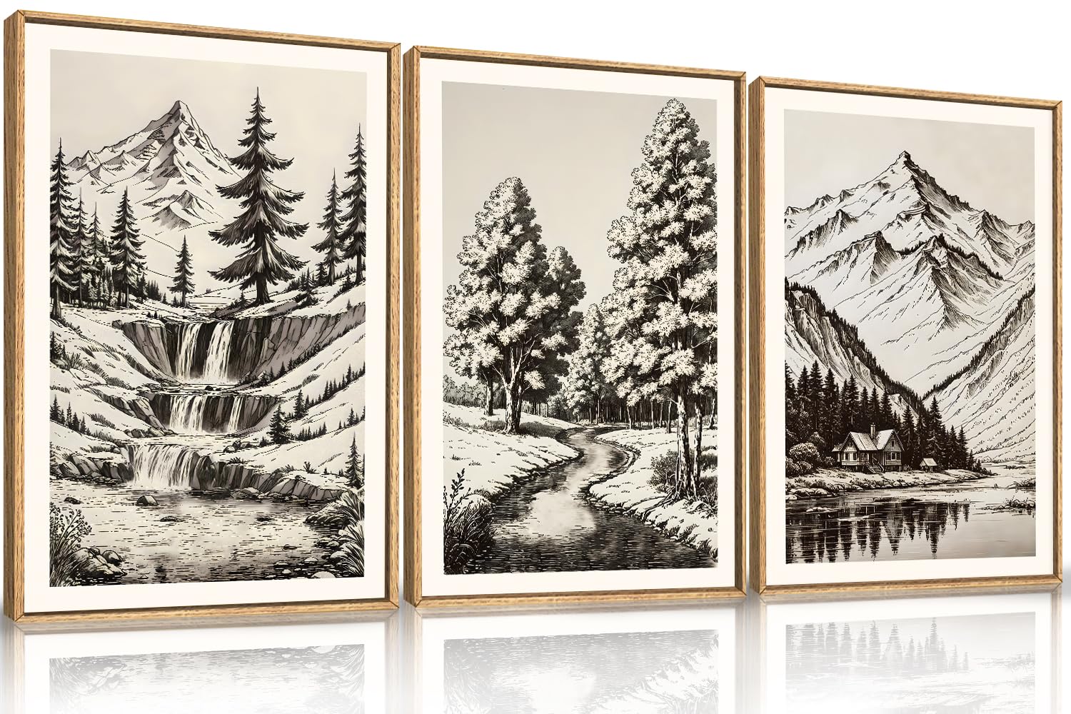 HOURIA Large Vintage Sketch Framed Canvas Wall Art Set,Modern Mountain Tree Wall Decor, Natural Botanical Wall Painting, Retro A