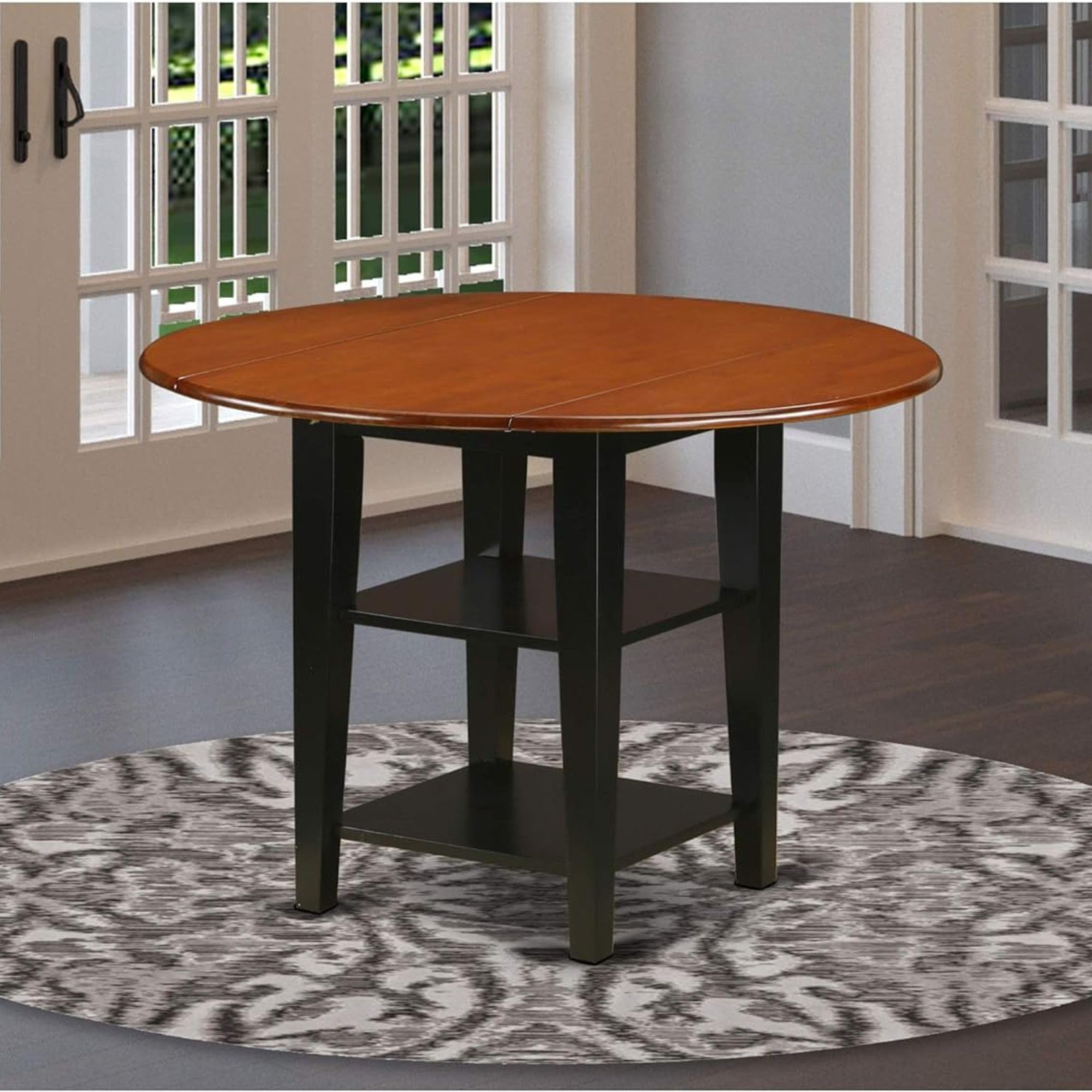 East West Furniture SUT-BCH-T Sudbury Dining Room Table - a Round kitchen Table Top with Dropleaf & 2 shelves, 42x42 Inch, Black & Cherry