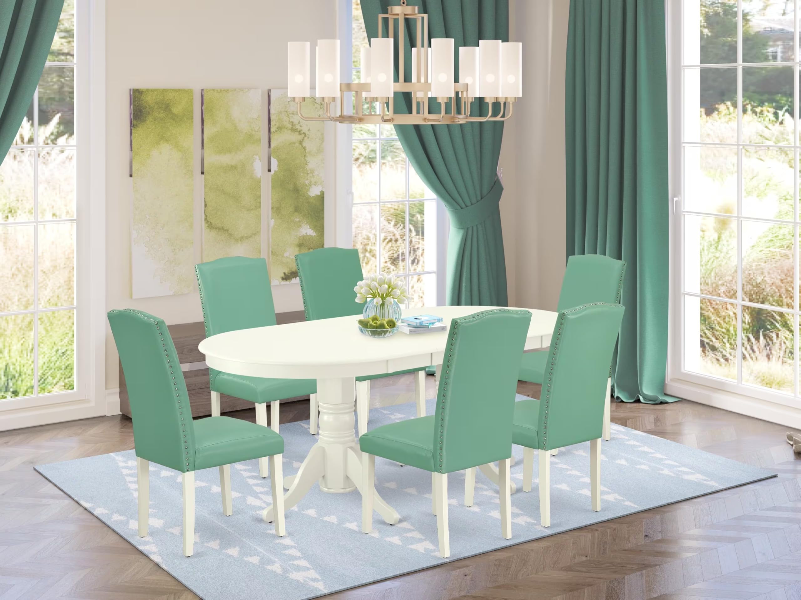 East West Furniture Vaen7-Lwh-57 7 Piece Dining Set Consist Of An Oval Dining Room Table With Butterfly Leaf And 6 Pond Faux Leather Upholstered Parson Chairs, 40X76 Inch, Linen White