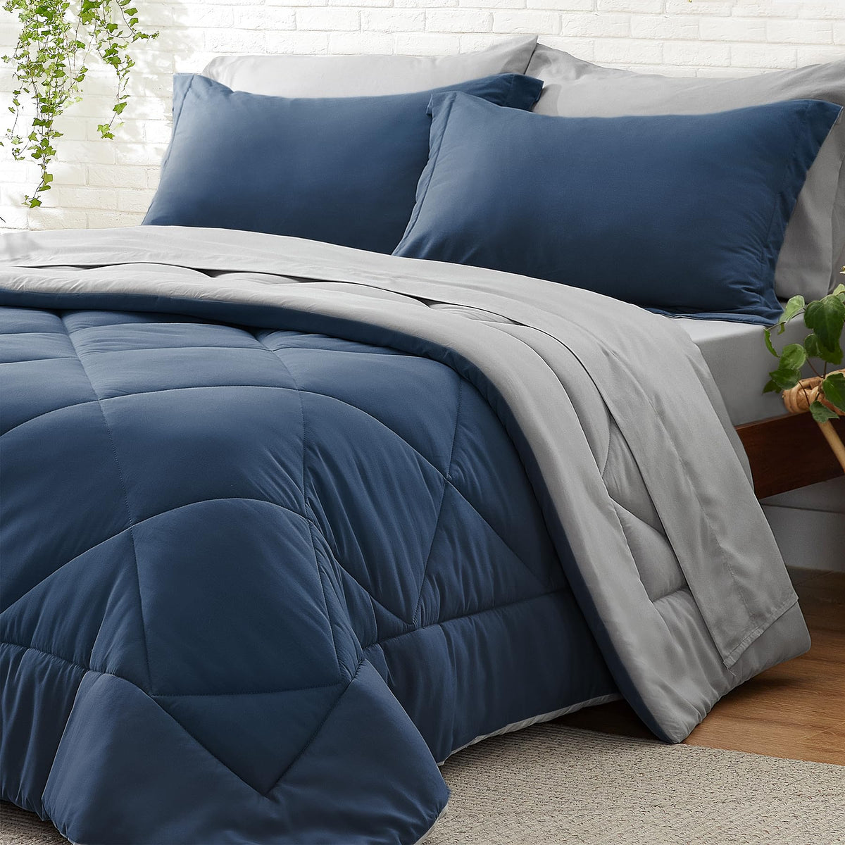 Bedelite California King Size Comforter Set 7 Pieces Bed In A Bag - Soft Microfiber Reversible Cal King Calm Blue Bed Set With C