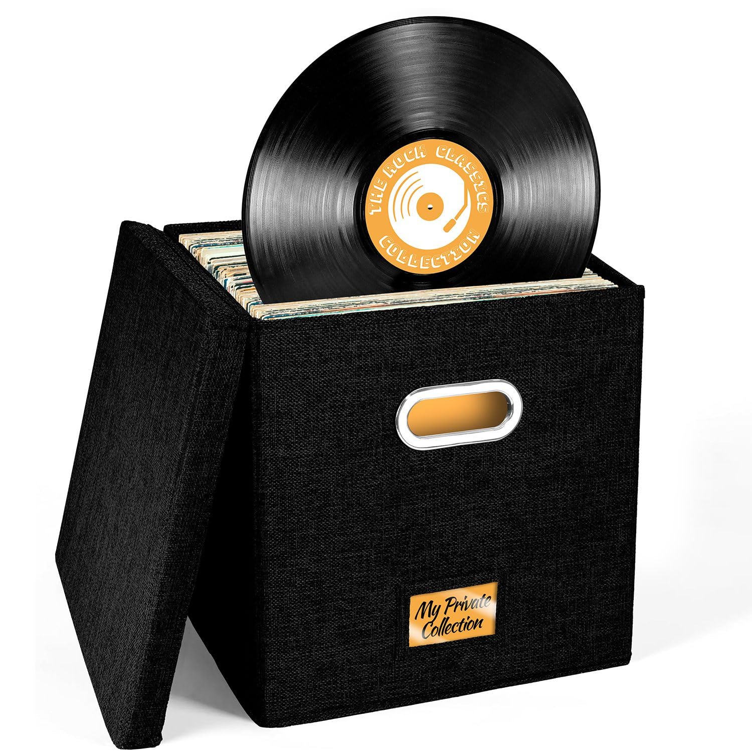 Vinyl Record Storage Box for up to 50+ 12-Inch Albums, Records Crate, LP Album Storage, Fabric Storage Boxes with Lids for Movin