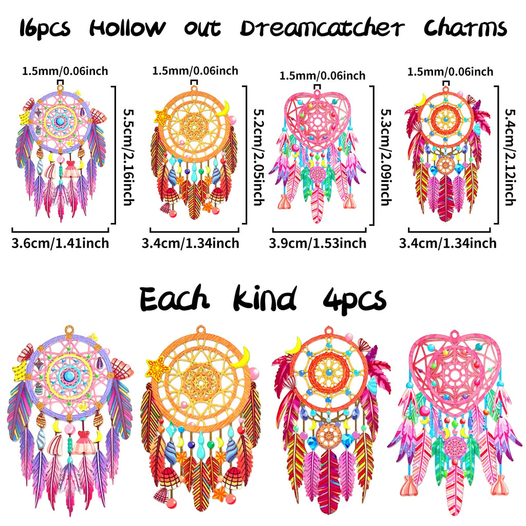 Coligree 16Pcs Colorful Dreamcatcher Charms Multicolor Hollow Dream Catcher Filigree Pendants For Earrings Jewelry Bookmark Hang