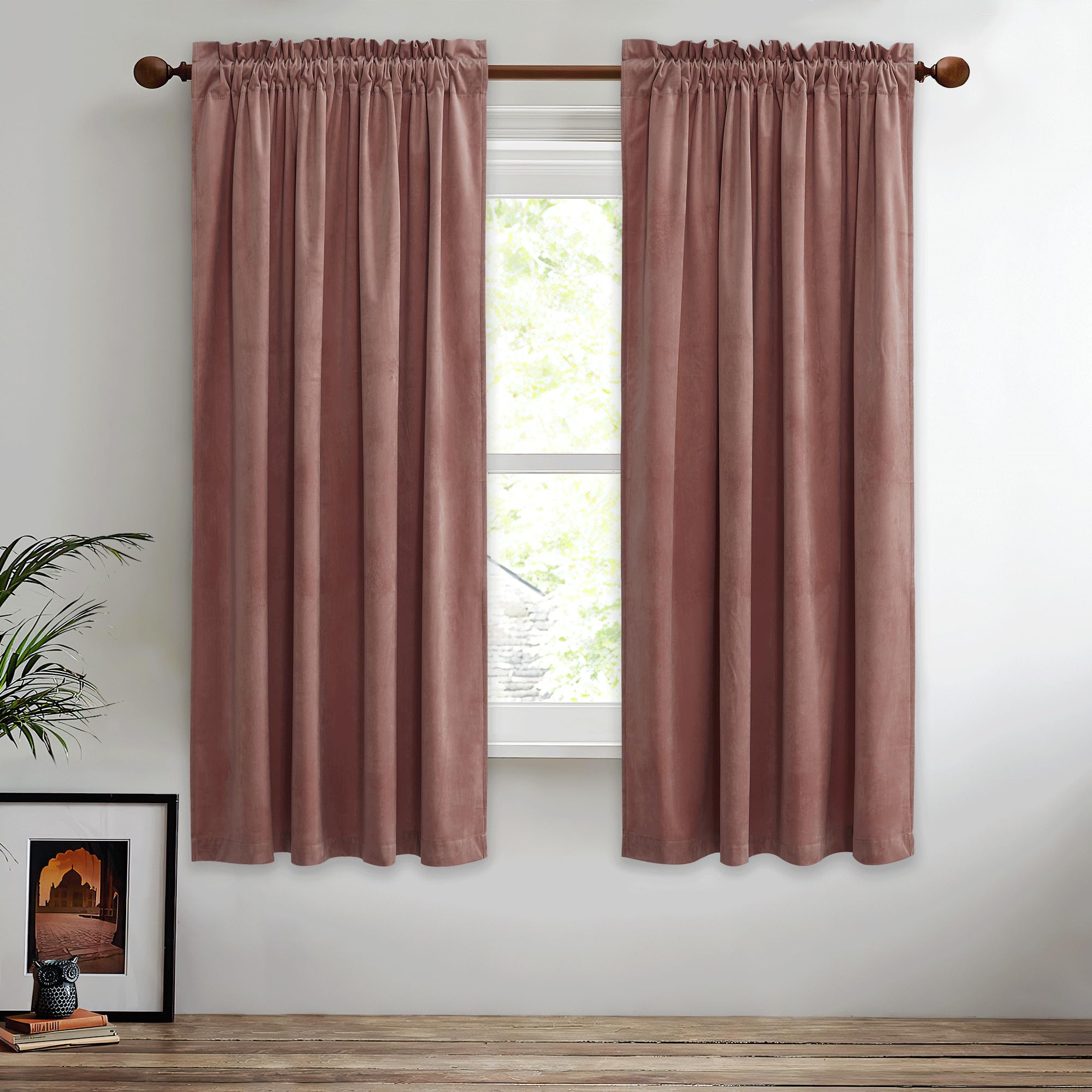 Stangh Wild Rose Velvet Curtains 63 Inches Long Set Of 2, Soft Short Kitchen Window Drapes Room Dampening Noise Reducing Elegant