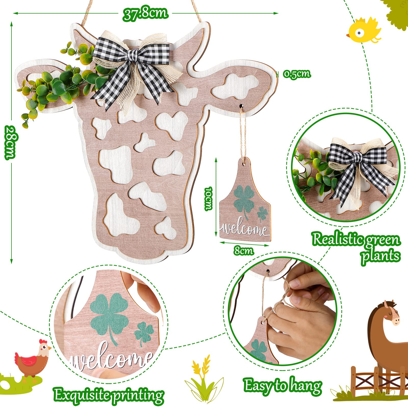 Maitys 13 Pcs Cow Head Door Wreath Sign Welcome Cow Door Hanger Rustic Wooden Cow Decor Hanging Farmhouse Cow Decorations With B