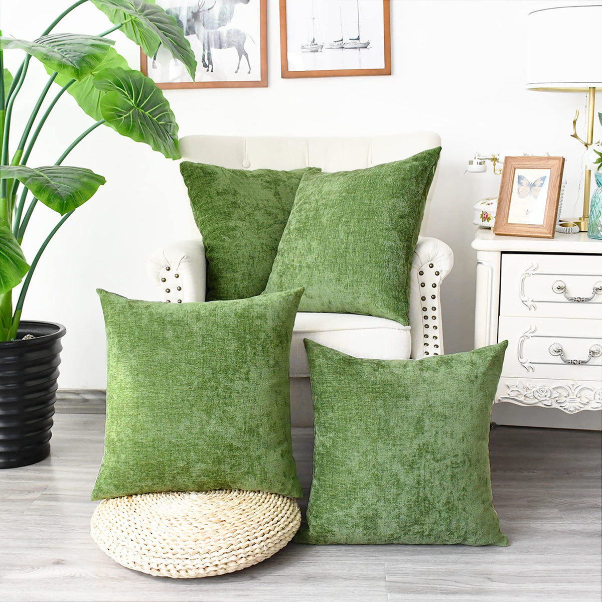 Calitime Pack Of 4 Cozy Throw Pillow Covers Cases For Couch Sofa Home Decoration Solid Dyed Soft Chenille 18 X 18 Inches Forest