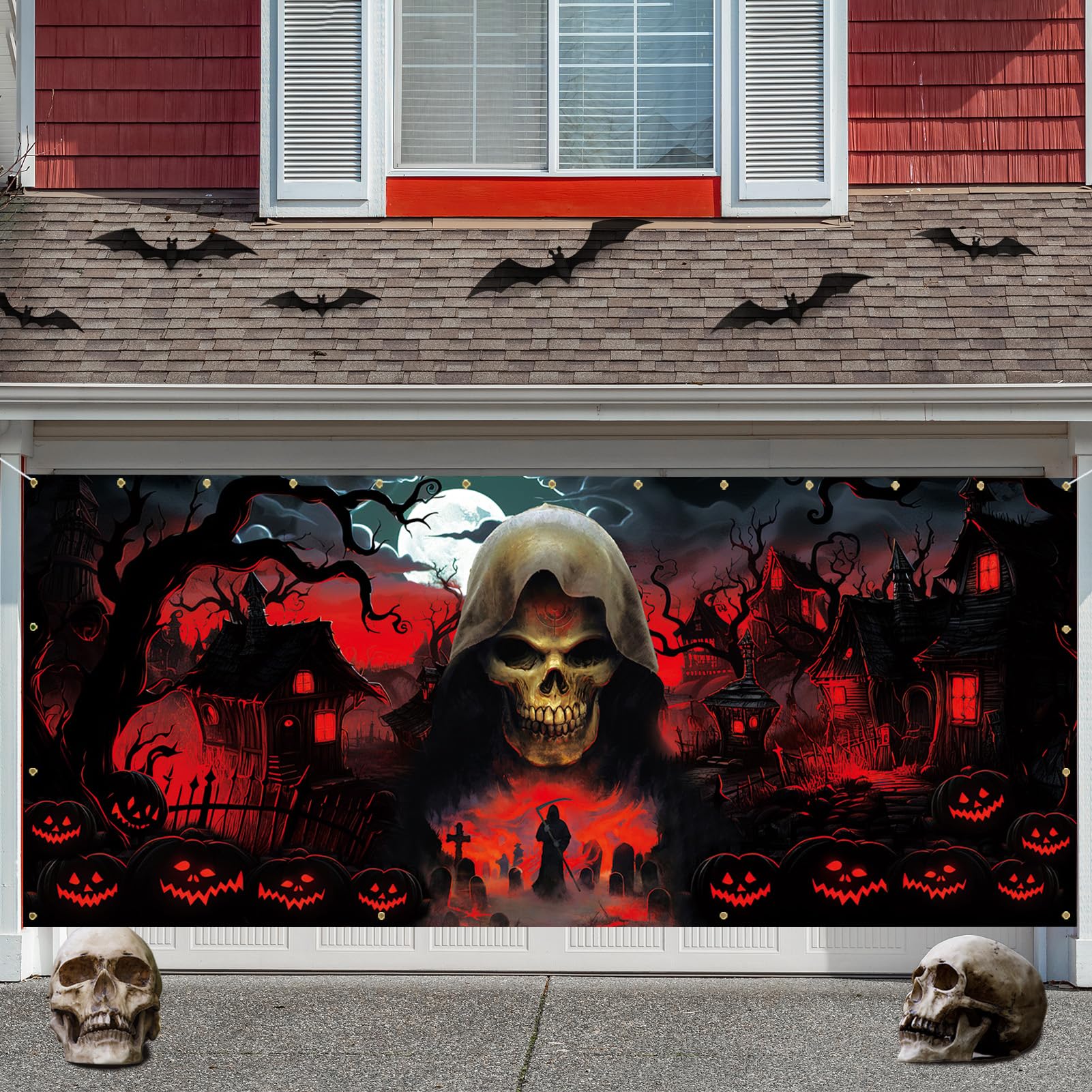 Trgowaul Happy Halloween Decorations, Black Red Garage Door Cover Decorations, Large Halloween Grim Reaper Banner Backdrop, Hall