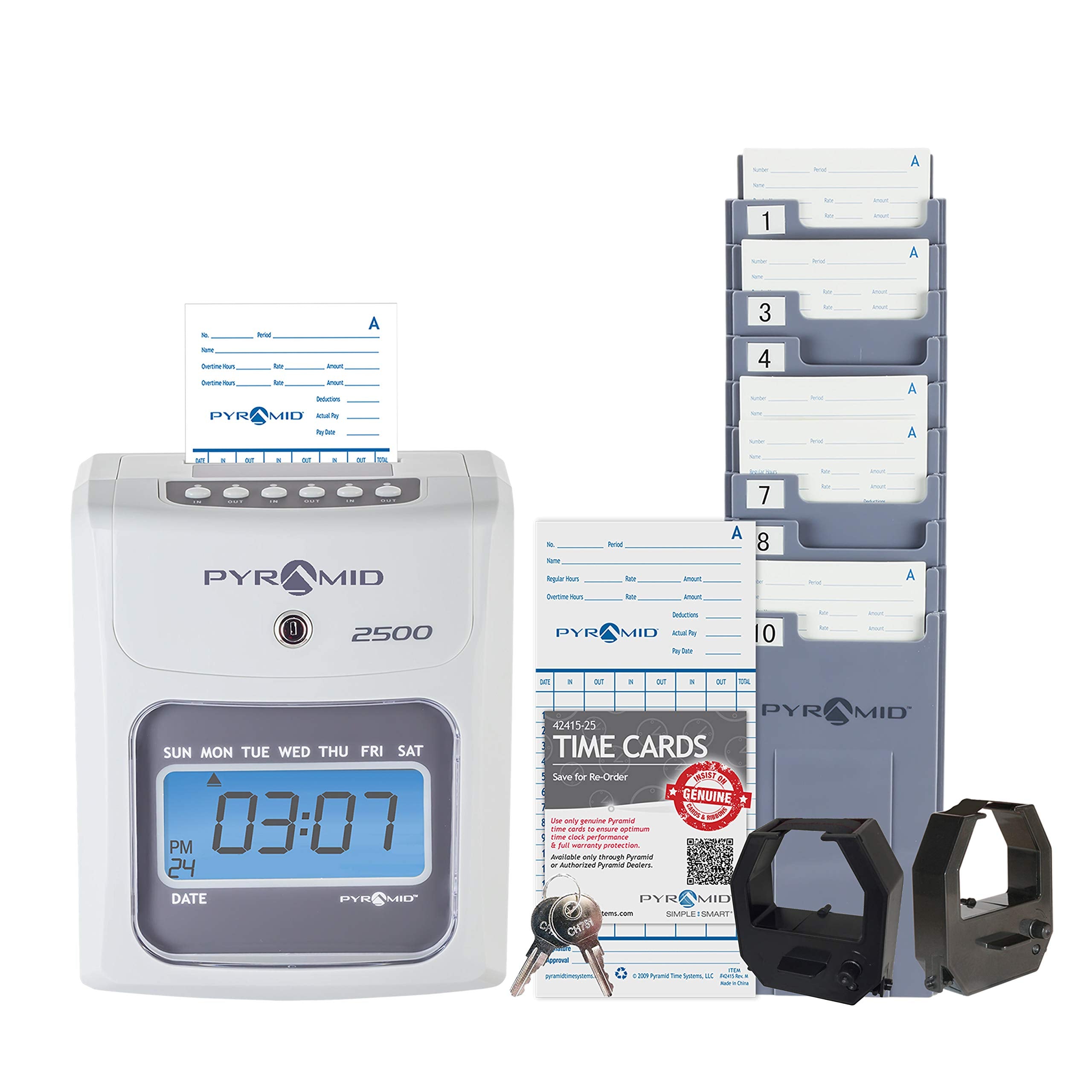 Pyramid Time Systems - Model 2500 Auto Aligning And Top Loading Time Clock [2500K1] Bundle Includes: Time Clock, 100 Time Cards,