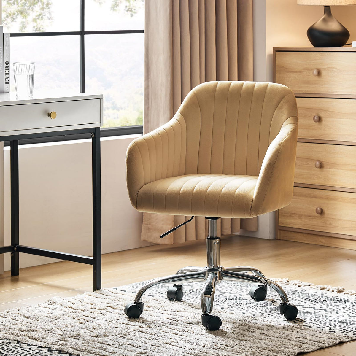 Hulala Home Velvet Mustard Office Desk Chair, Swivel Computer Chair With Chrome-Plated Metal Base, Height Adjustable Cozy Task Chair For Study, Modern Cute Vanity Chair For Women, Girls