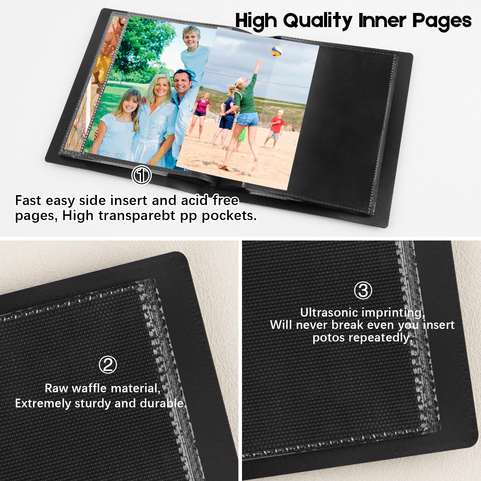 Aevdor 5x7 Photo Album - Holds 64 Photos, Black Inner Pages, Strong Elastic Band, Small Size, Plastic Material