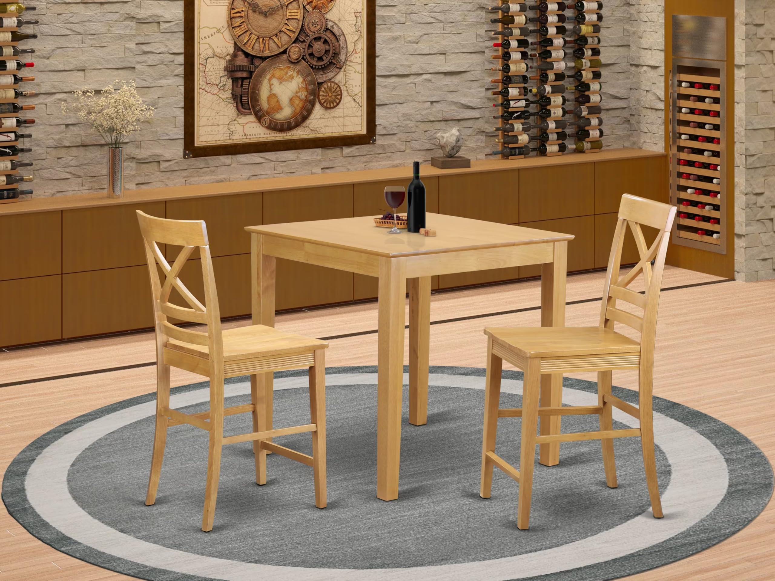 East West Furniture PBQU3-OAK-W 3 Piece Kitchen Counter Set for Small Spaces Contains a Square Dining Room Table and 2 Dining Chairs, 36x36 Inch, Oak