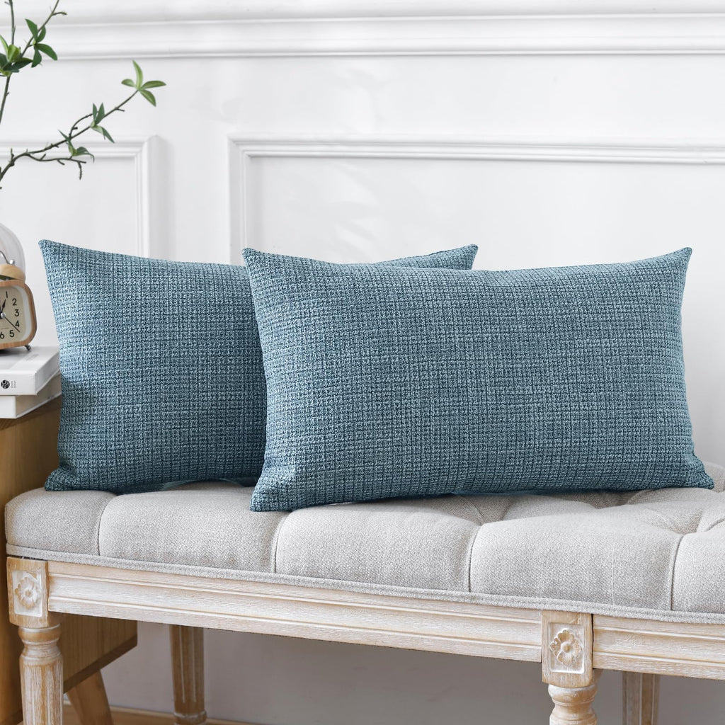 Otostar Pack Of 2 Throw Pillow Covers 12X20 Inch Linen Blue Pillowcases Farmhouse Decorative Solid Pillow Covers 30X50 Cm Lumbar
