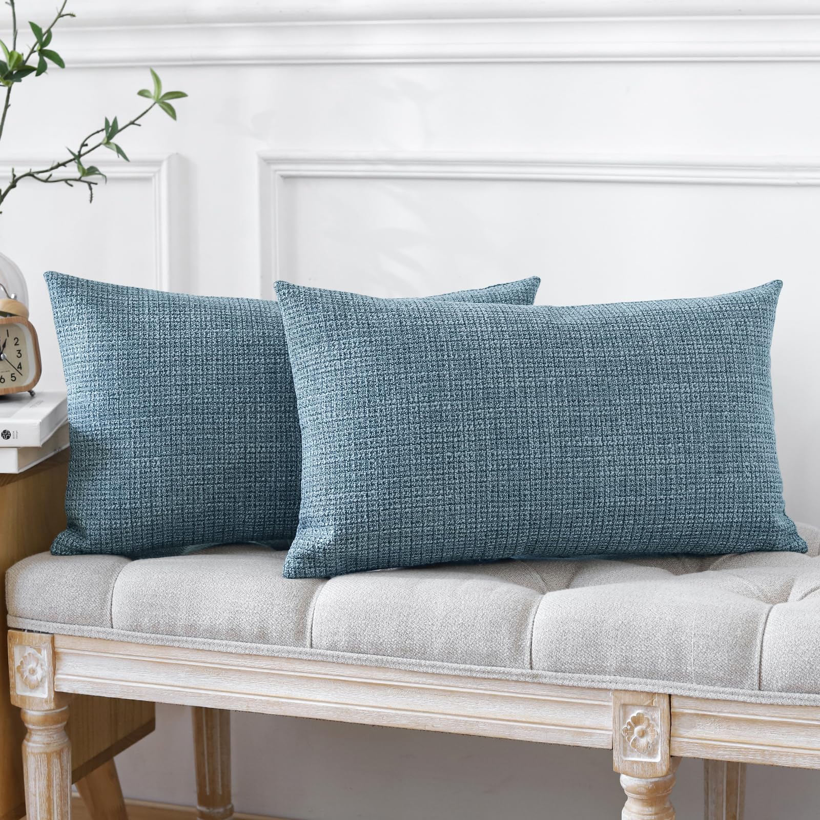 Otostar Pack Of 2 Throw Pillow Covers 12X20 Inch Linen Blue Pillowcases Farmhouse Decorative Solid Pillow Covers 30X50 Cm Lumbar