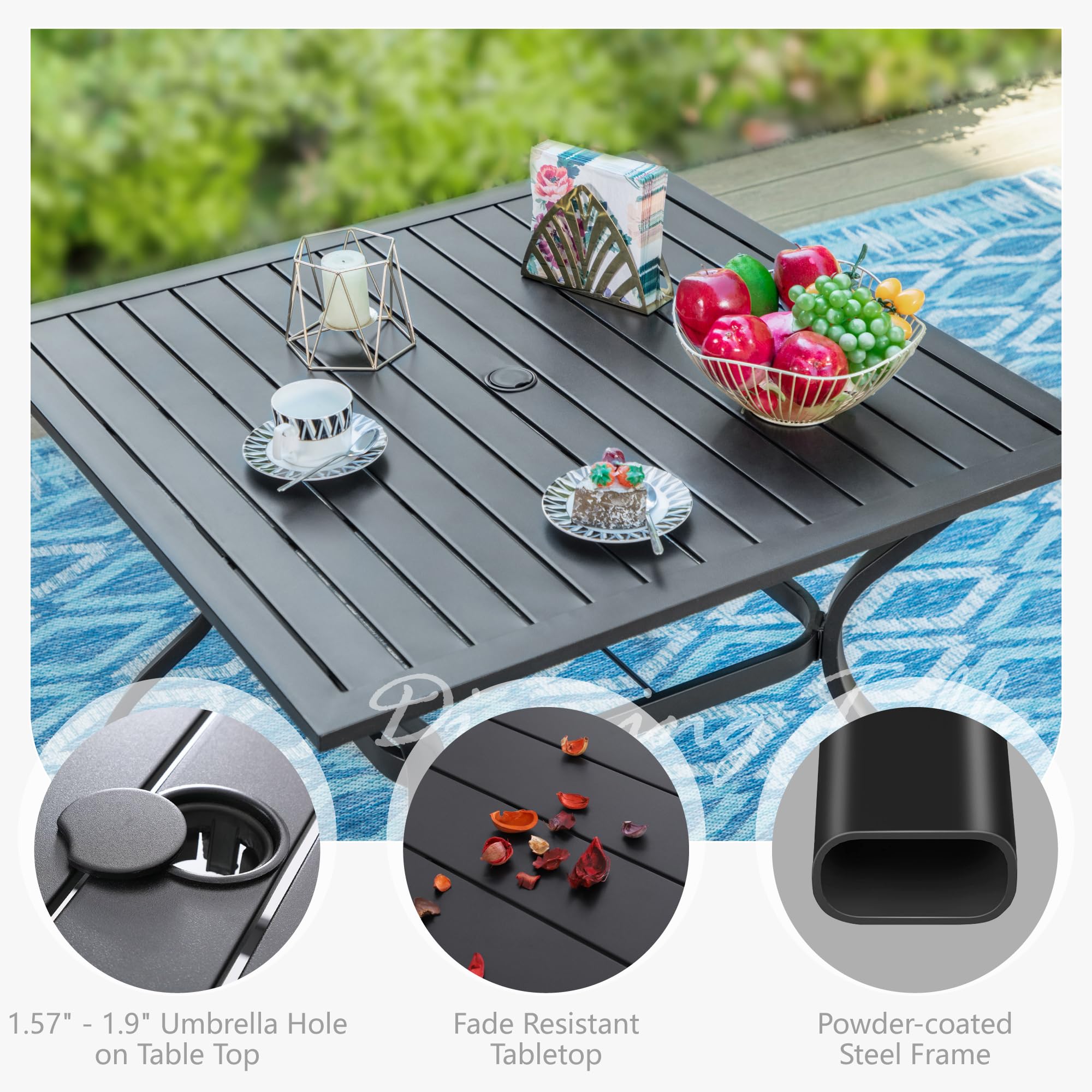 Phi Villa 37' Patio Table For 4, Metal Outdoor Dining Table With E-Coating, Square Steel Slated Outdoor Table With 1.57' Umbrella Hole For Garden Backyard, Black