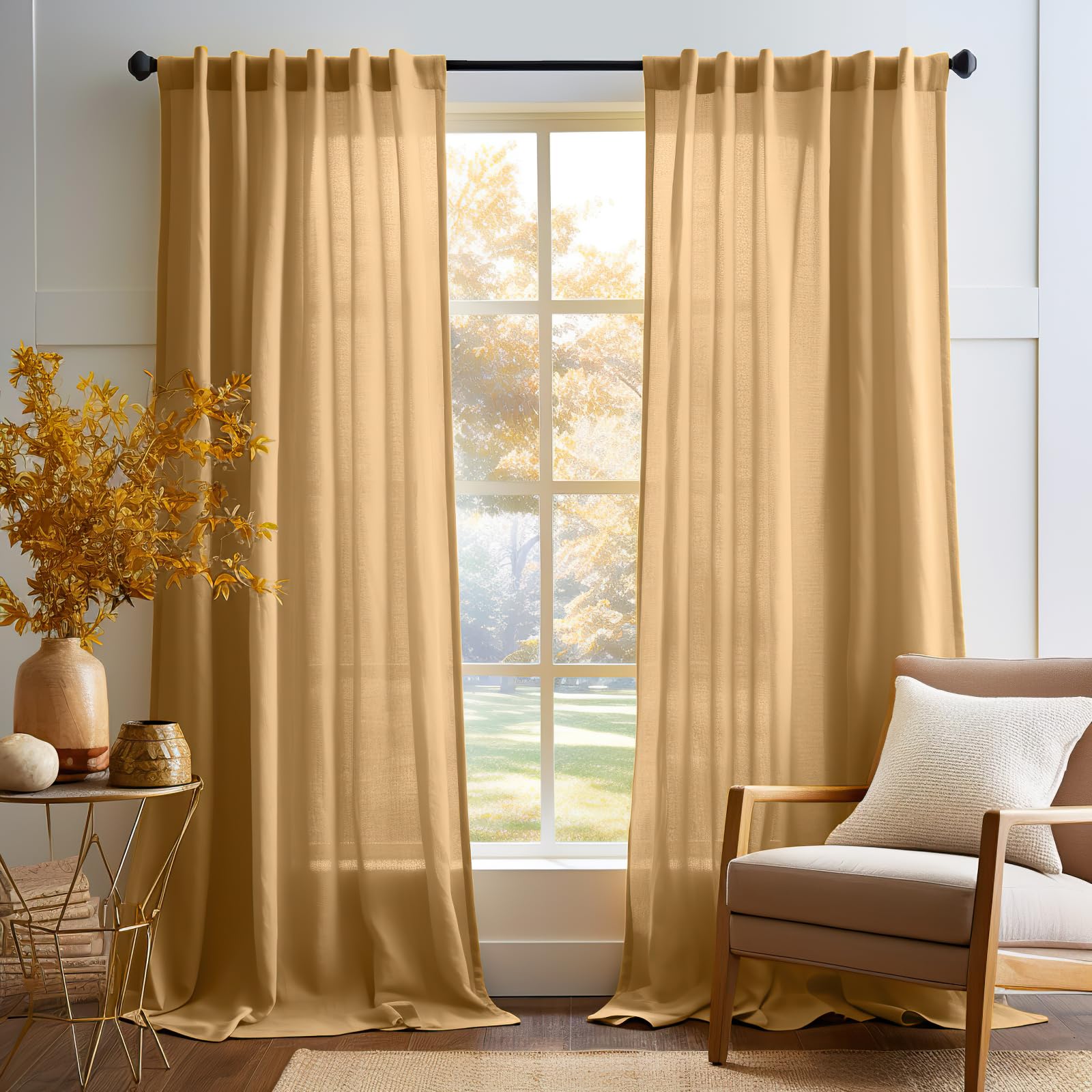 Jinchan Linen Blend Curtains 96 Inches Long For Living Room Yellow Farmhouse Rod Pocket Back Tab Light Filtering Window Drapes For Bedroom Curtains 2 Panels Mustard Yellow