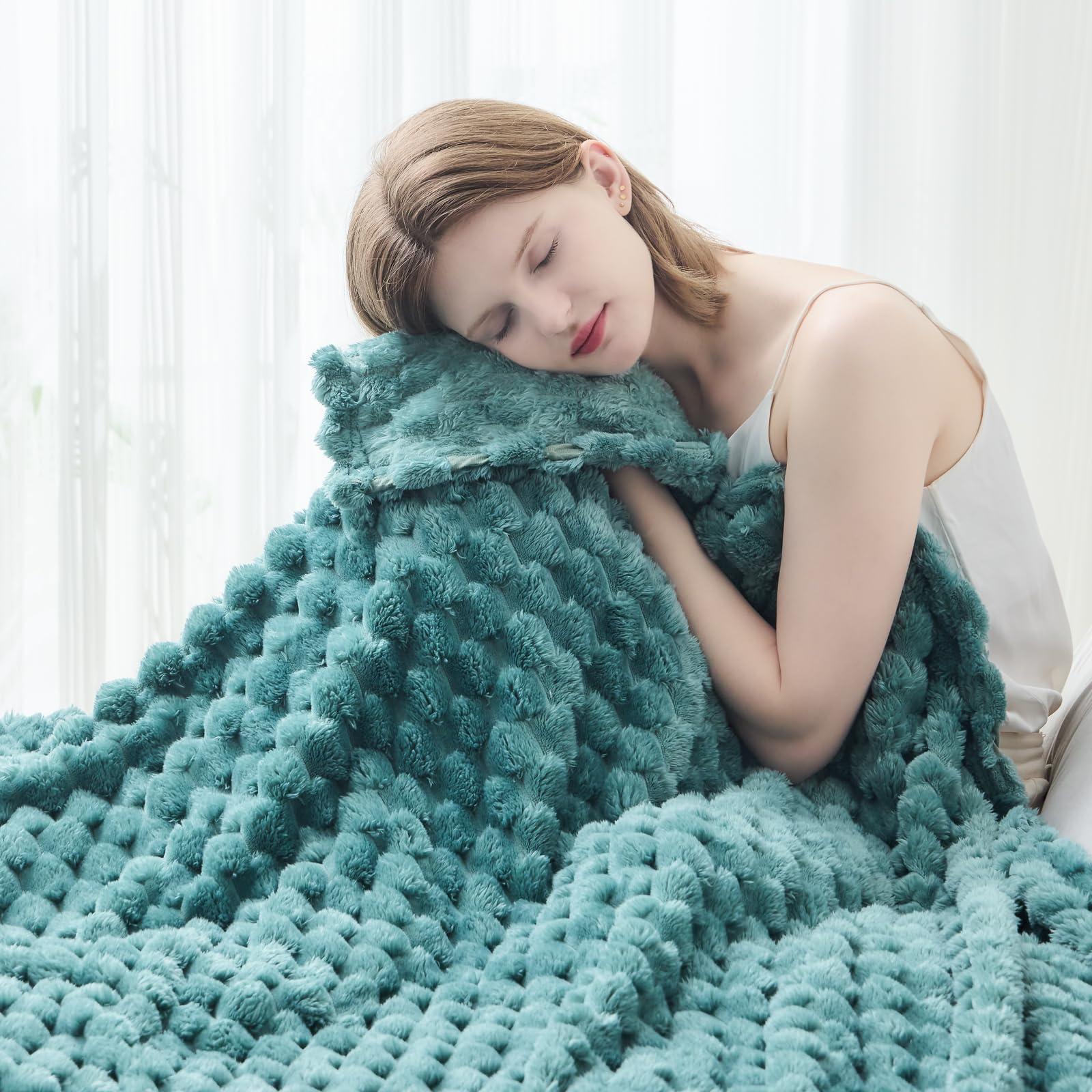 Newcosplay Super Soft Twin Blanket Light Teal Premium Silky Flannel Fleece 3D Clouds Stylish Jacquard Lightweight Bed Blanket Al
