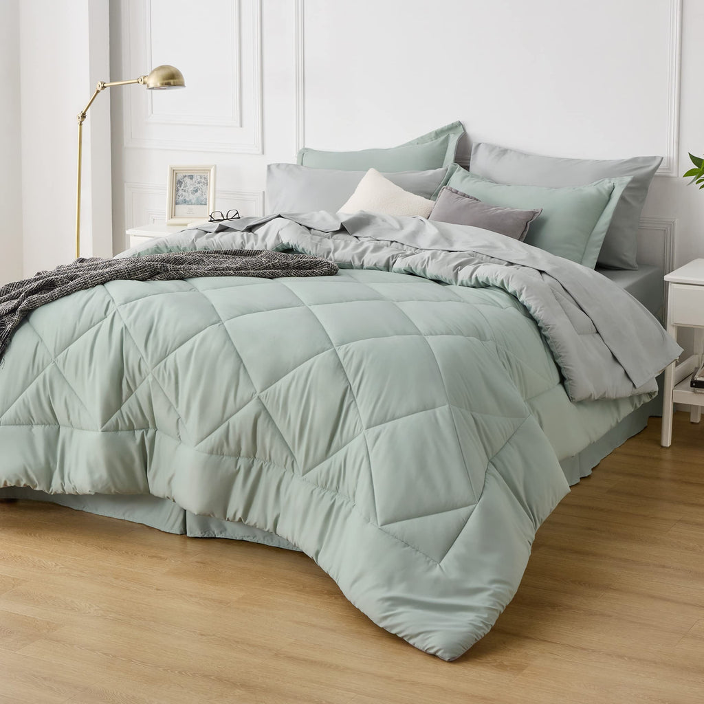 Bedsure Sage Green King Comforter Set - 7 Pieces Reversible Bed Set Sage Green Bed In A Bag King With Comforters, Sheets, Pillow